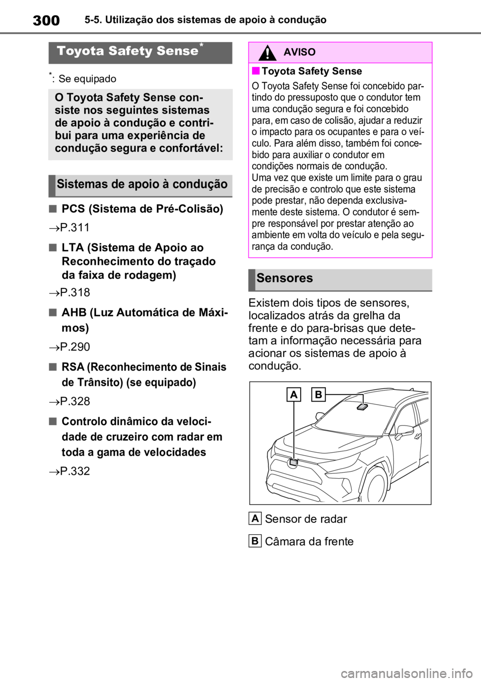 TOYOTA RAV4 PLUG-IN HYBRID 2022  Manual de utilização (in Portuguese) 3005-5. Utilização dos sistemas de apoio à condução
5-5.Utilização dos sistemas de apoio à condução
*: Se equipado
nPCS (Sistema de Pré-Colisão)
 P.311
nLTA (Sistema de Apoio ao 
Reconh