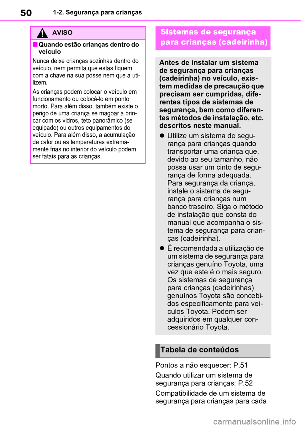 TOYOTA RAV4 PLUG-IN HYBRID 2022 Manual de utilização (in Portuguese) 501-2. Segurança para crianças
Pontos a não esquecer: P.51
Quando utilizar um sistema de
segurança para crianças: P.52
Compatibilidade de um sistema de
segurança para crianças para cada
AVIS TOYOTA RAV4 PLUG-IN HYBRID 2022 Manual de utilização (in Portuguese) 501-2. Segurança para crianças
Pontos a não esquecer: P.51
Quando utilizar um sistema de
segurança para crianças: P.52
Compatibilidade de um sistema de
segurança para crianças para cada
AVIS
