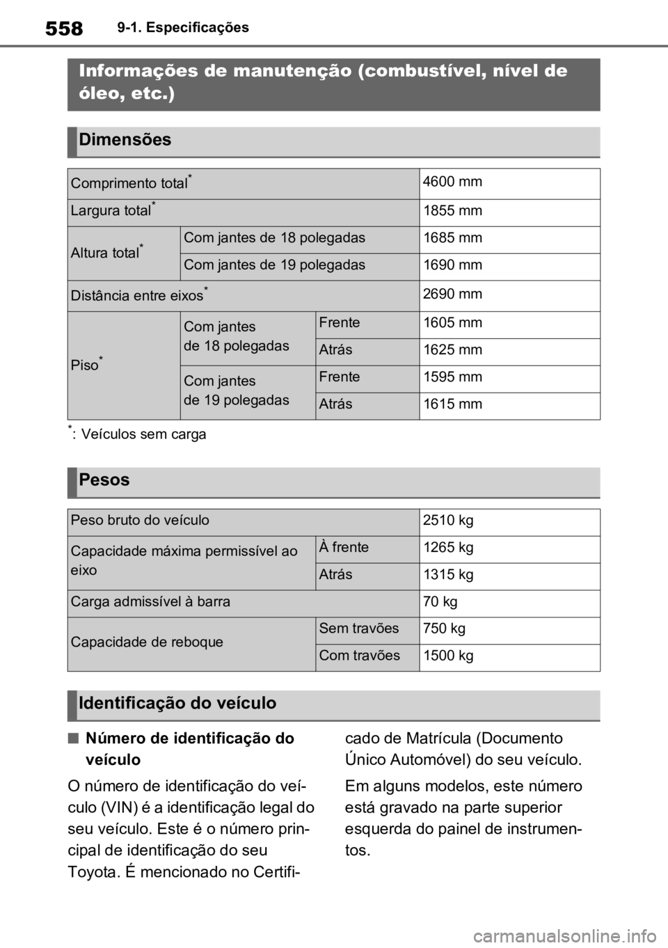 TOYOTA RAV4 PLUG-IN HYBRID 2022 Manual de utilização (in Portuguese) 5589-1. Especificações
9-1.Especificações
*: Veículos sem carga
nNúmero de identificação do
veículo
O número de identificação do veí -
culo (VIN) é a identificação legal do
seu veíc TOYOTA RAV4 PLUG-IN HYBRID 2022 Manual de utilização (in Portuguese) 5589-1. Especificações
9-1.Especificações
*: Veículos sem carga
nNúmero de identificação do
veículo
O número de identificação do veí -
culo (VIN) é a identificação legal do
seu veíc
