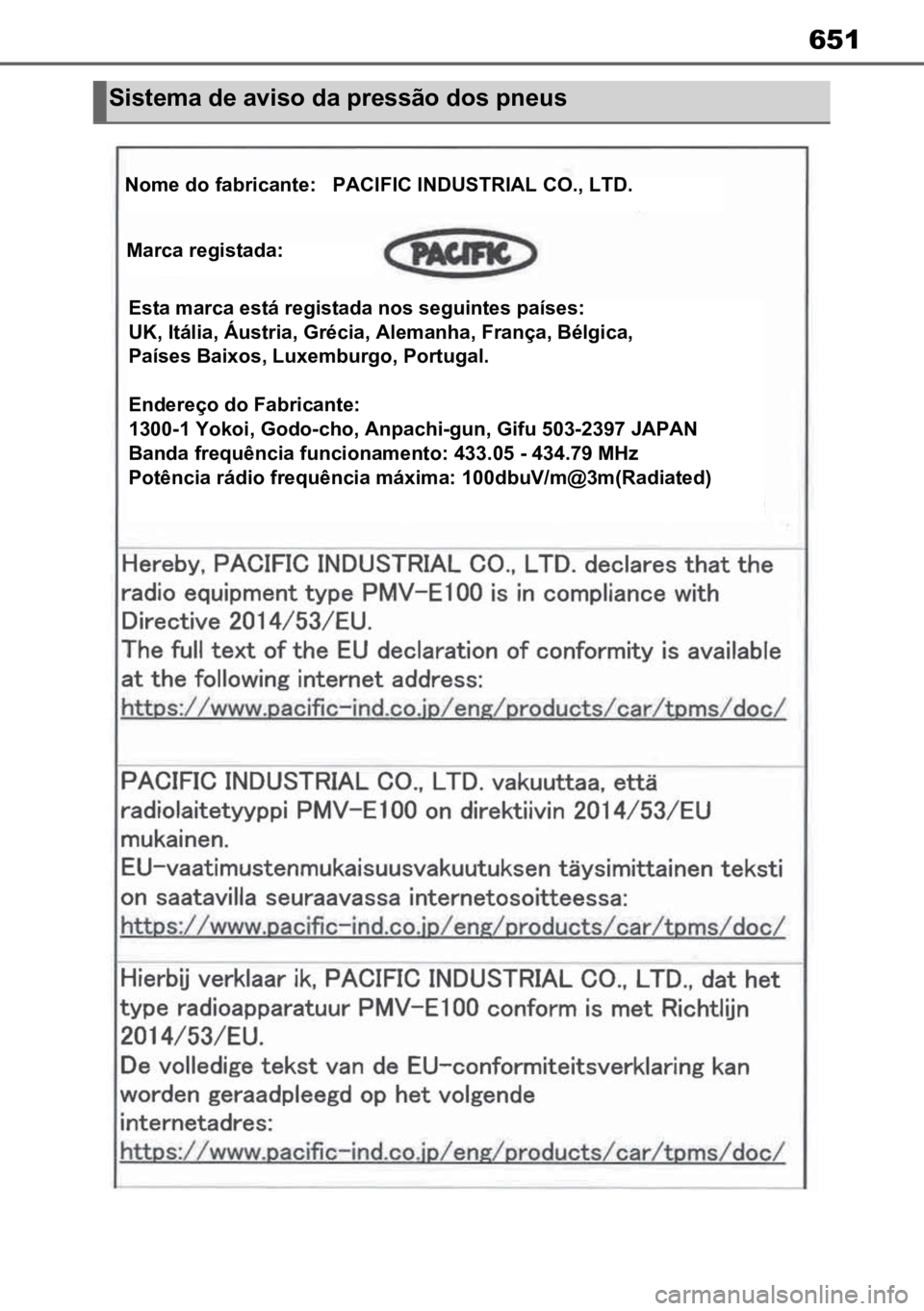 TOYOTA RAV4 PLUG-IN HYBRID 2022 Manual de utilização (in Portuguese) 651
Sistema de aviso da pressão dos pneus
Nome do fabricante: PACIFIC INDUSTRIAL CO., LTD.
Marca registada:
Esta marca está registada nos seguintes países:
UK, Itália, Áustria, Grécia, Alemanh TOYOTA RAV4 PLUG-IN HYBRID 2022 Manual de utilização (in Portuguese) 651
Sistema de aviso da pressão dos pneus
Nome do fabricante: PACIFIC INDUSTRIAL CO., LTD.
Marca registada:
Esta marca está registada nos seguintes países:
UK, Itália, Áustria, Grécia, Alemanh