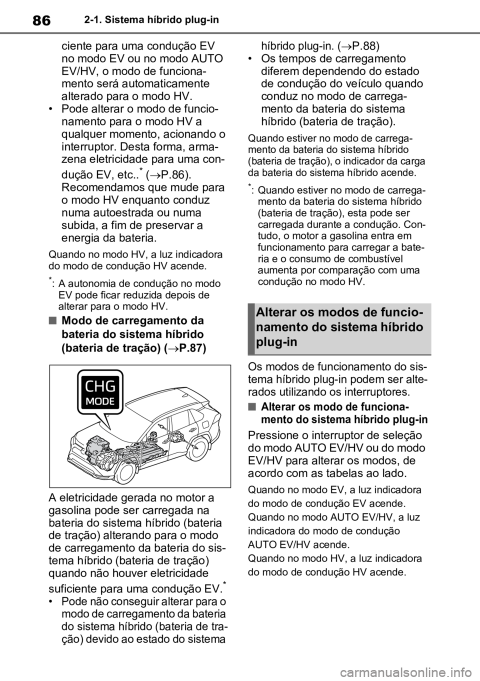 TOYOTA RAV4 PLUG-IN HYBRID 2022  Manual de utilização (in Portuguese) 862-1. Sistema híbrido plug-in
ciente para uma condução EV 
no modo EV ou no modo AUTO 
EV/HV, o modo de funciona-
mento será automaticamente 
alterado para o modo HV.
• Pode alterar o modo de f