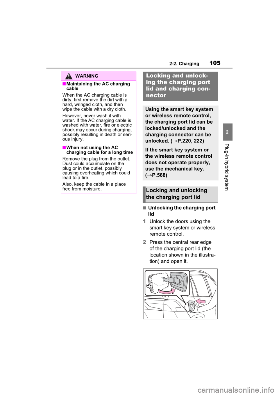 TOYOTA RAV4 PRIME 2023  Owners Manual 1052-2. Charging
2
Plug-in hybrid system
■Unlocking the charging port 
lid
1 Unlock the doors using the 
smart key system or wireless 
remote control.
2 Press the central rear edge 
of the charging 