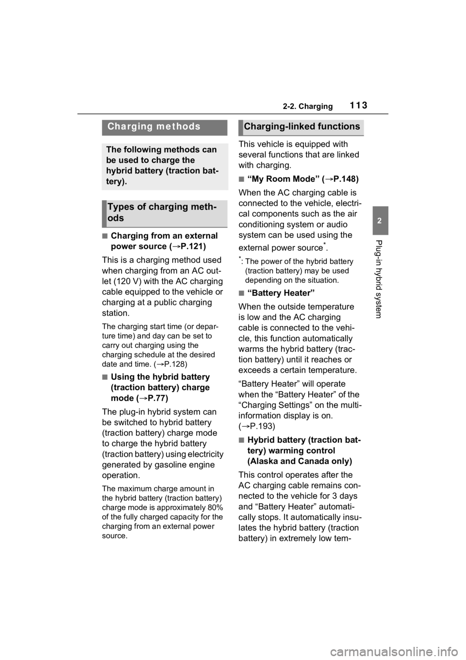 TOYOTA RAV4 PRIME 2023 User Guide 1132-2. Charging
2
Plug-in hybrid system■Charging from an external 
power source (P.121)
This is a charging method used 
when charging from an AC out-
let (120 V) with the AC charging 
cable equi