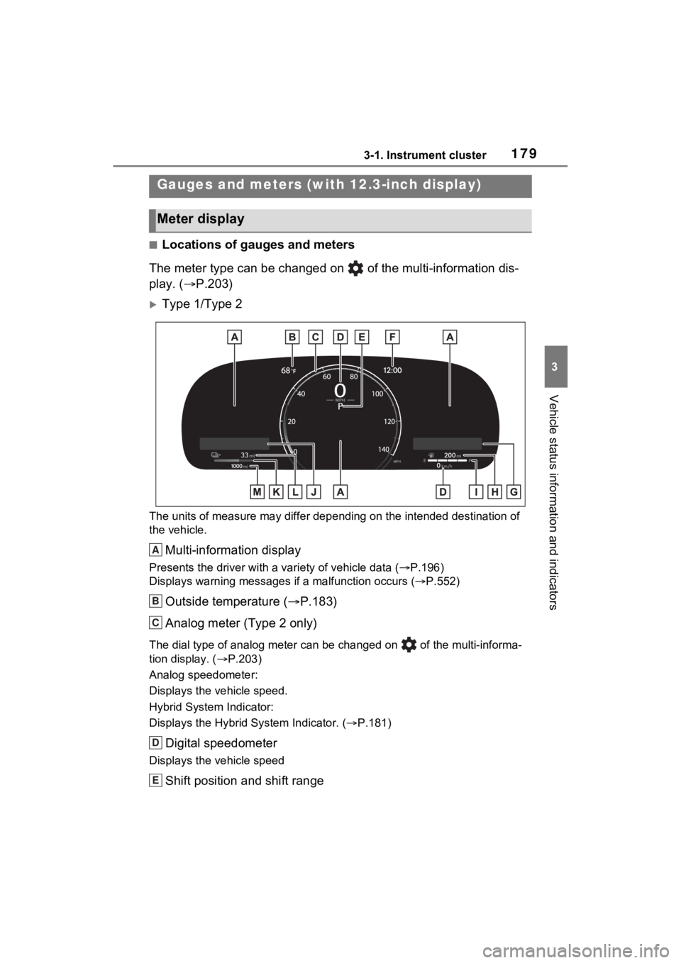 TOYOTA RAV4 PRIME 2023 Owners Manual 1793-1. Instrument cluster
3
Vehicle status information and indicators
■Locations of gauges and meters
The meter type can be changed on of the multi-information dis-
play. ( P.203)
Type 1/Ty TOYOTA RAV4 PRIME 2023 Owners Manual 1793-1. Instrument cluster
3
Vehicle status information and indicators
■Locations of gauges and meters
The meter type can be changed on of the multi-information dis-
play. ( P.203)
Type 1/Ty