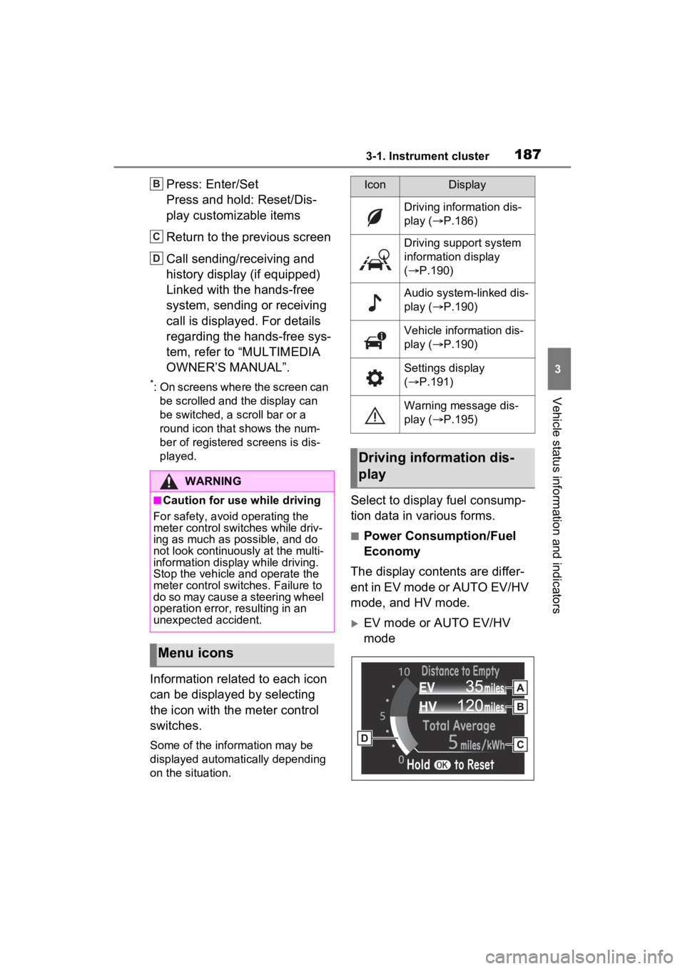 TOYOTA RAV4 PRIME 2023  Owners Manual 1873-1. Instrument cluster
3
Vehicle status information and indicators
Press: Enter/Set
Press and hold: Reset/Dis-
play customizable items
Return to the previous screen
Call sending/receiving and 
his