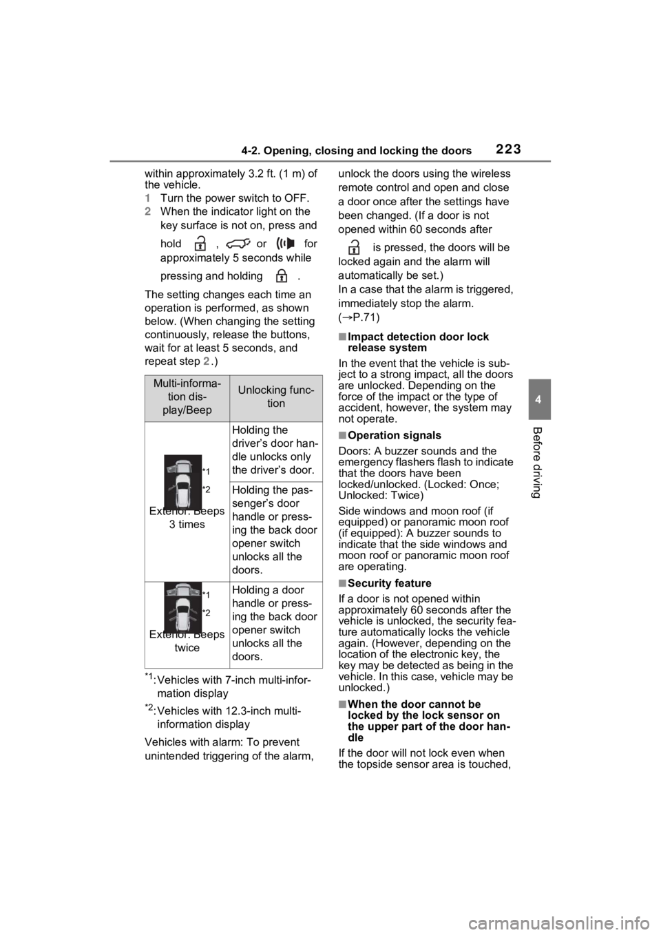 TOYOTA RAV4 PRIME 2023 Owners Manual 2234-2. Opening, closing and locking the doors
4
Before driving
within approximately 3.2 ft. (1 m) of
the vehicle.
1Turn the power switch to OFF.
2 When the indicator light on the
key surface is no TOYOTA RAV4 PRIME 2023 Owners Manual 2234-2. Opening, closing and locking the doors
4
Before driving
within approximately 3.2 ft. (1 m) of
the vehicle.
1Turn the power switch to OFF.
2 When the indicator light on the
key surface is no