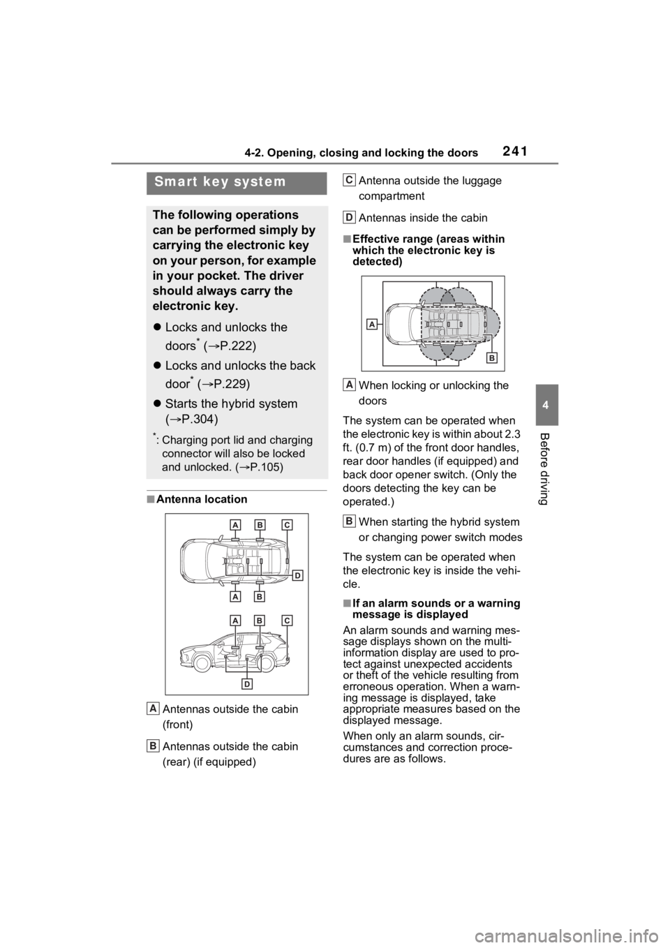TOYOTA RAV4 PRIME 2023  Owners Manual 2414-2. Opening, closing and locking the doors
4
Before driving
■Antenna location
Antennas outside the cabin 
(front)
Antennas outside the cabin 
(rear) (if equipped) Antenna outside the luggage 
co