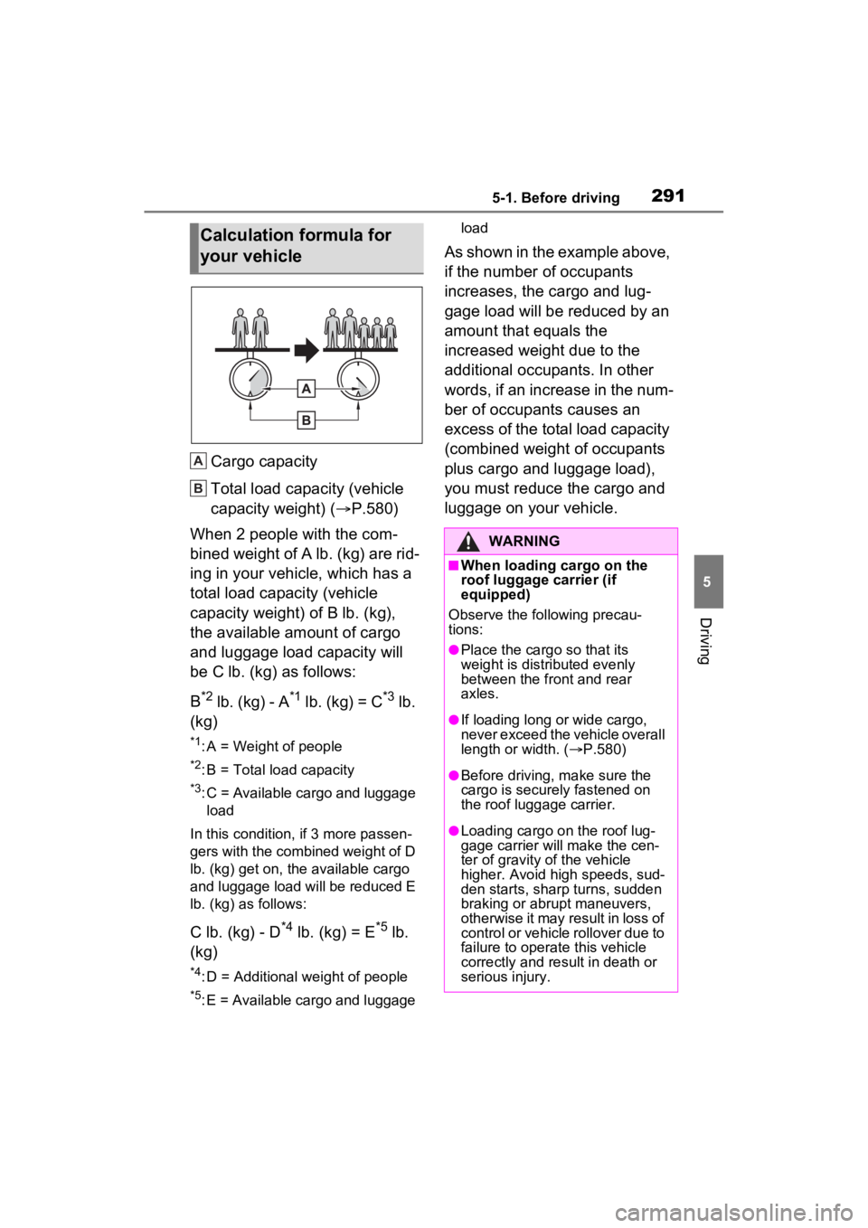 TOYOTA RAV4 PRIME 2023 Owners Manual 2915-1. Before driving
5
Driving
Cargo capacity
Total load capacity (vehicle
capacity weight) (P.580)
When 2 people with the com-
bined weight of A lb. (kg) are rid-
ing in your vehicle, which has TOYOTA RAV4 PRIME 2023 Owners Manual 2915-1. Before driving
5
Driving
Cargo capacity
Total load capacity (vehicle
capacity weight) (P.580)
When 2 people with the com-
bined weight of A lb. (kg) are rid-
ing in your vehicle, which has