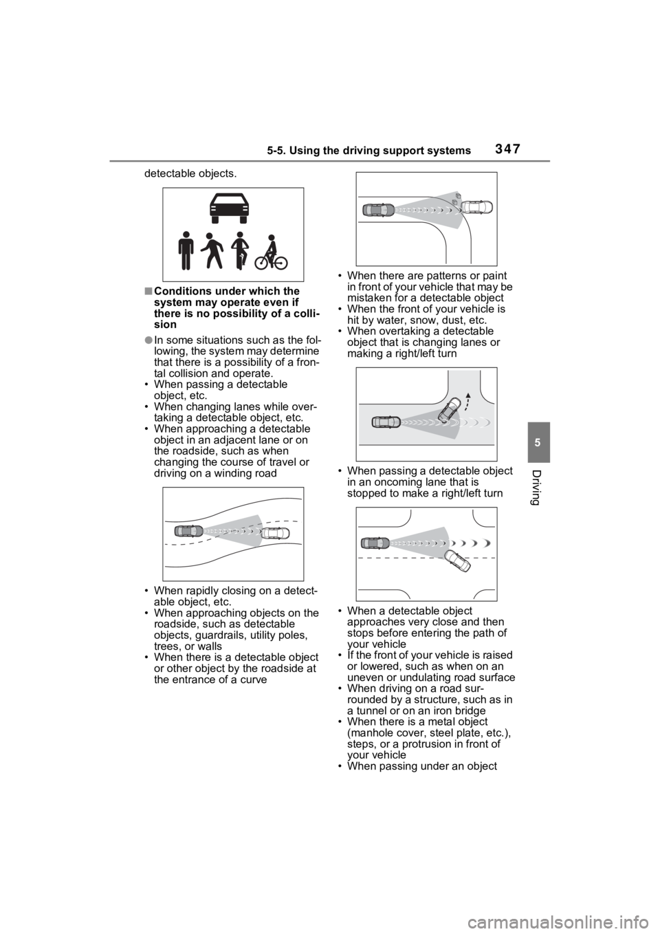 TOYOTA RAV4 PRIME 2023  Owners Manual 3475-5. Using the driving support systems
5
Driving
detectable objects.
■Conditions under which the 
system may operate even if 
there is no possibility of a colli-
sion
●In some situations such a