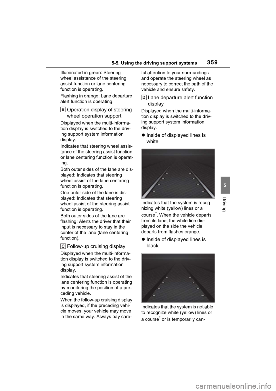 TOYOTA RAV4 PRIME 2023  Owners Manual 3595-5. Using the driving support systems
5
Driving
Illuminated in green: Steering 
wheel assistance of the steering 
assist function or lane centering 
function is operating.
Flashing in orange: Lane