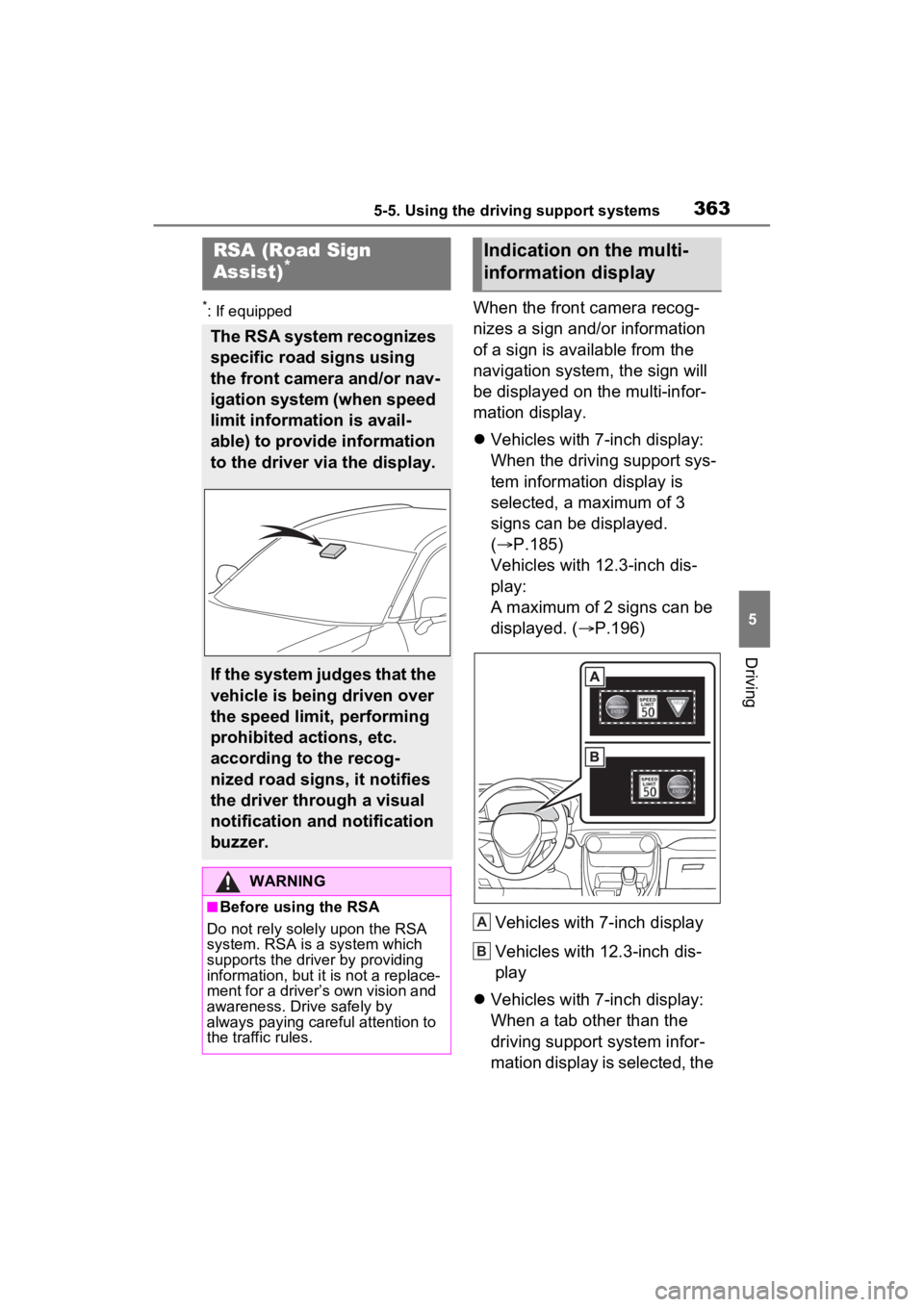 TOYOTA RAV4 PRIME 2023 Owners Manual 3635-5. Using the driving support systems
5
Driving
*: If equippedWhen the front camera recog-
nizes a sign and/or information
of a sign is available from the
navigation system, the sign will
be di TOYOTA RAV4 PRIME 2023 Owners Manual 3635-5. Using the driving support systems
5
Driving
*: If equippedWhen the front camera recog-
nizes a sign and/or information
of a sign is available from the
navigation system, the sign will
be di