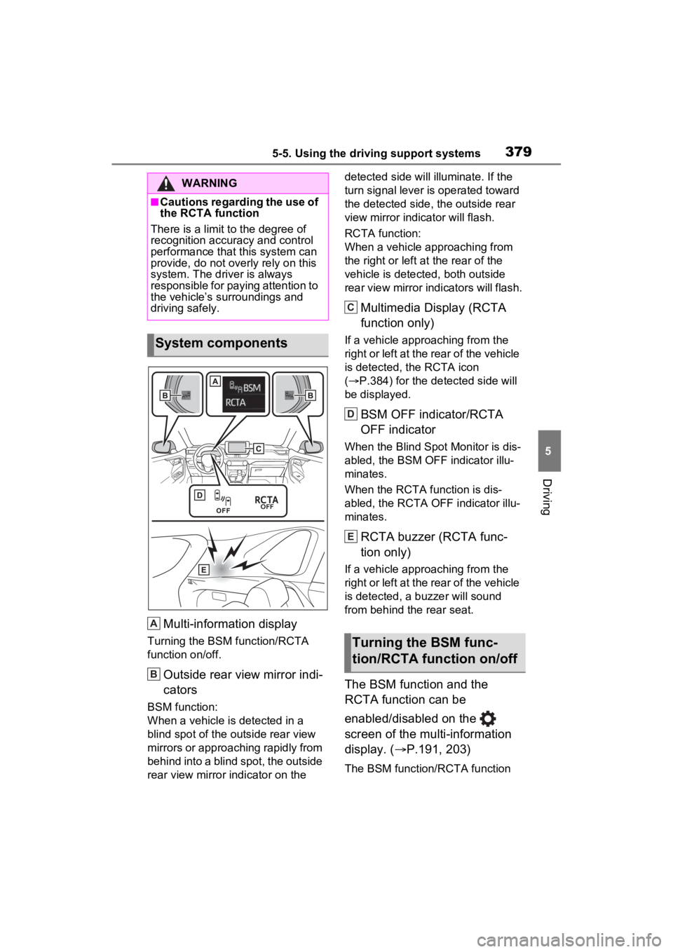 TOYOTA RAV4 PRIME 2023  Owners Manual 3795-5. Using the driving support systems
5
Driving
Multi-information display
Turning the BSM function/RCTA 
function on/off.
Outside rear view mirror indi-
cators
BSM function:
When a vehicle is dete