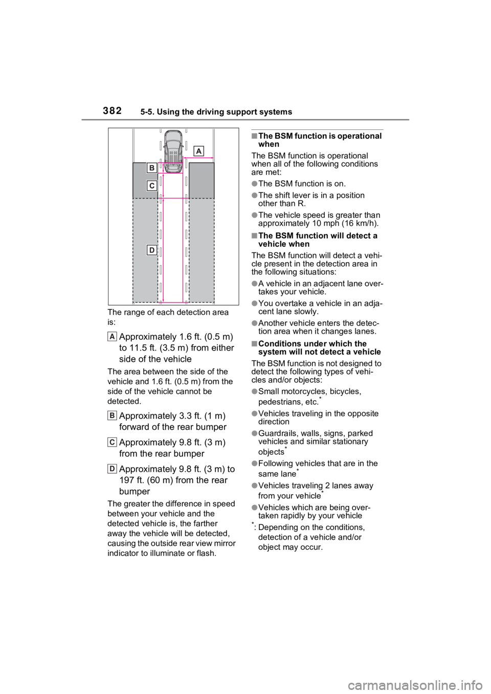 TOYOTA RAV4 PRIME 2023  Owners Manual 3825-5. Using the driving support systems
The range of each detection area 
is:
Approximately 1.6 ft. (0.5 m) 
to 11.5 ft. (3.5 m) from either 
side of the vehicle
The area between the side of the 
ve