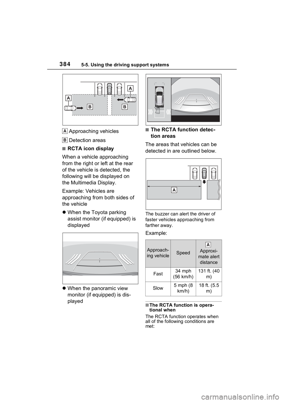 TOYOTA RAV4 PRIME 2023  Owners Manual 3845-5. Using the driving support systems
Approaching vehicles
Detection areas
■RCTA icon display
When a vehicle approaching 
from the right or left at the rear 
of the vehicle is detected, the 
fol