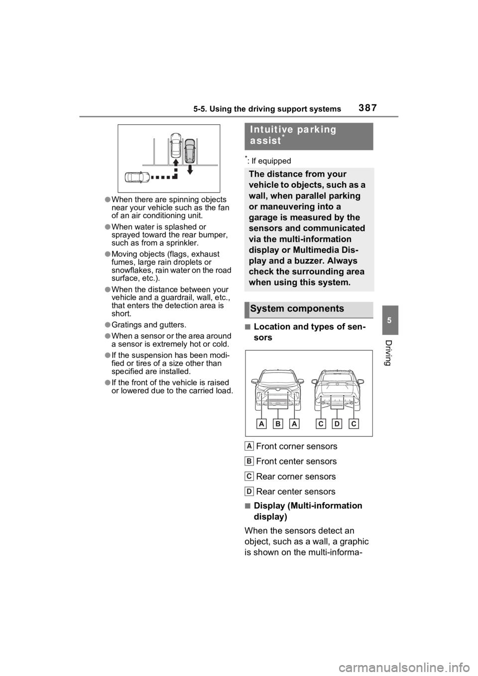 TOYOTA RAV4 PRIME 2023 Service Manual 3875-5. Using the driving support systems
5
Driving
●When there are spinning objects
near your vehicle such as the fan
of an air conditioning unit.
●When water is splashed or
sprayed toward the TOYOTA RAV4 PRIME 2023 Service Manual 3875-5. Using the driving support systems
5
Driving
●When there are spinning objects
near your vehicle such as the fan
of an air conditioning unit.
●When water is splashed or
sprayed toward the