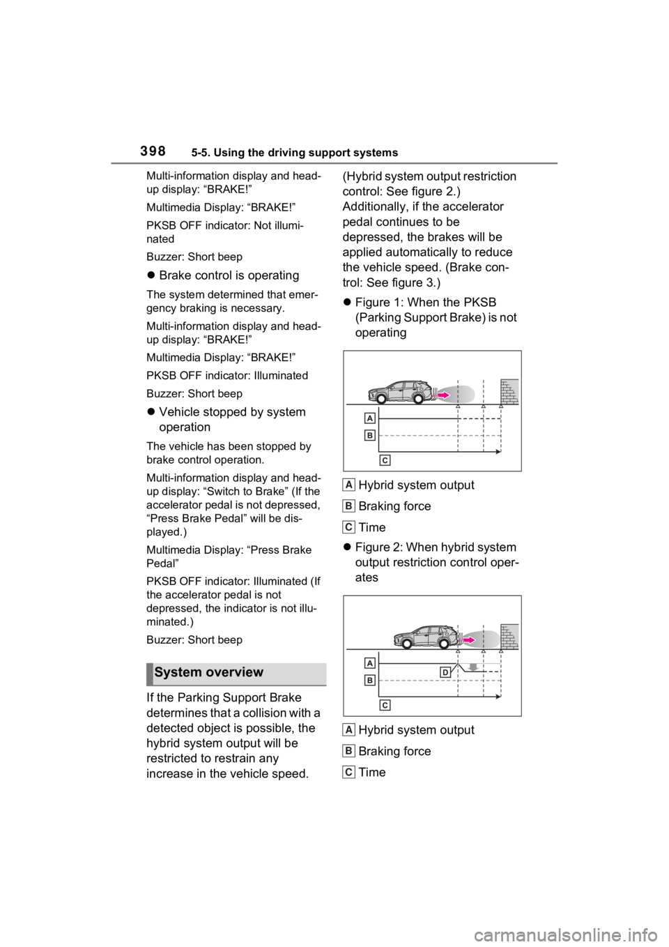 TOYOTA RAV4 PRIME 2023  Owners Manual 3985-5. Using the driving support systems
Multi-information display and head-
up display: “BRAKE!”
Multimedia Dis play: “BRAKE!”
PKSB OFF indicator: Not illumi-
nated
Buzzer: Short beep
 Br