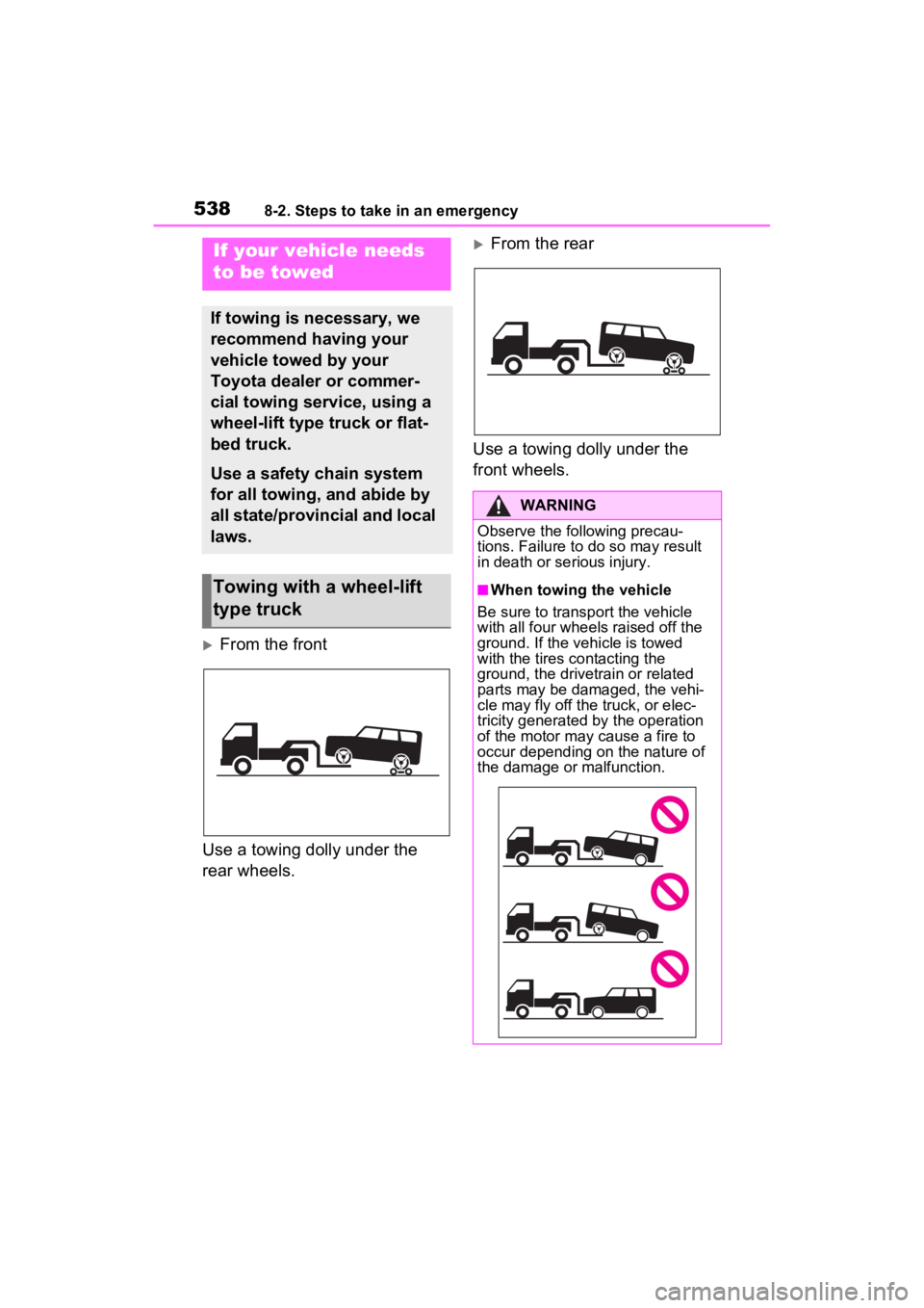 TOYOTA RAV4 PRIME 2023 Owners Manual 5388-2. Steps to take in an emergency
8-2.Steps to take in an emergency
From the front
Use a towing dolly under the
rear wheels.
From the rear
Use a towing dolly under the
front wheels.If your TOYOTA RAV4 PRIME 2023 Owners Manual 5388-2. Steps to take in an emergency
8-2.Steps to take in an emergency
From the front
Use a towing dolly under the
rear wheels.
From the rear
Use a towing dolly under the
front wheels.If your