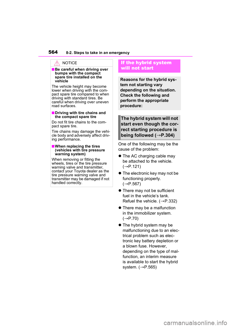 TOYOTA RAV4 PRIME 2023 Owners Manual 5648-2. Steps to take in an emergency
One of the following may be the
cause of the problem:
The AC charging cable may
be attached to the vehicle.
( P.121)
The electronic key may not be
f TOYOTA RAV4 PRIME 2023 Owners Manual 5648-2. Steps to take in an emergency
One of the following may be the
cause of the problem:
The AC charging cable may
be attached to the vehicle.
( P.121)
The electronic key may not be
f
