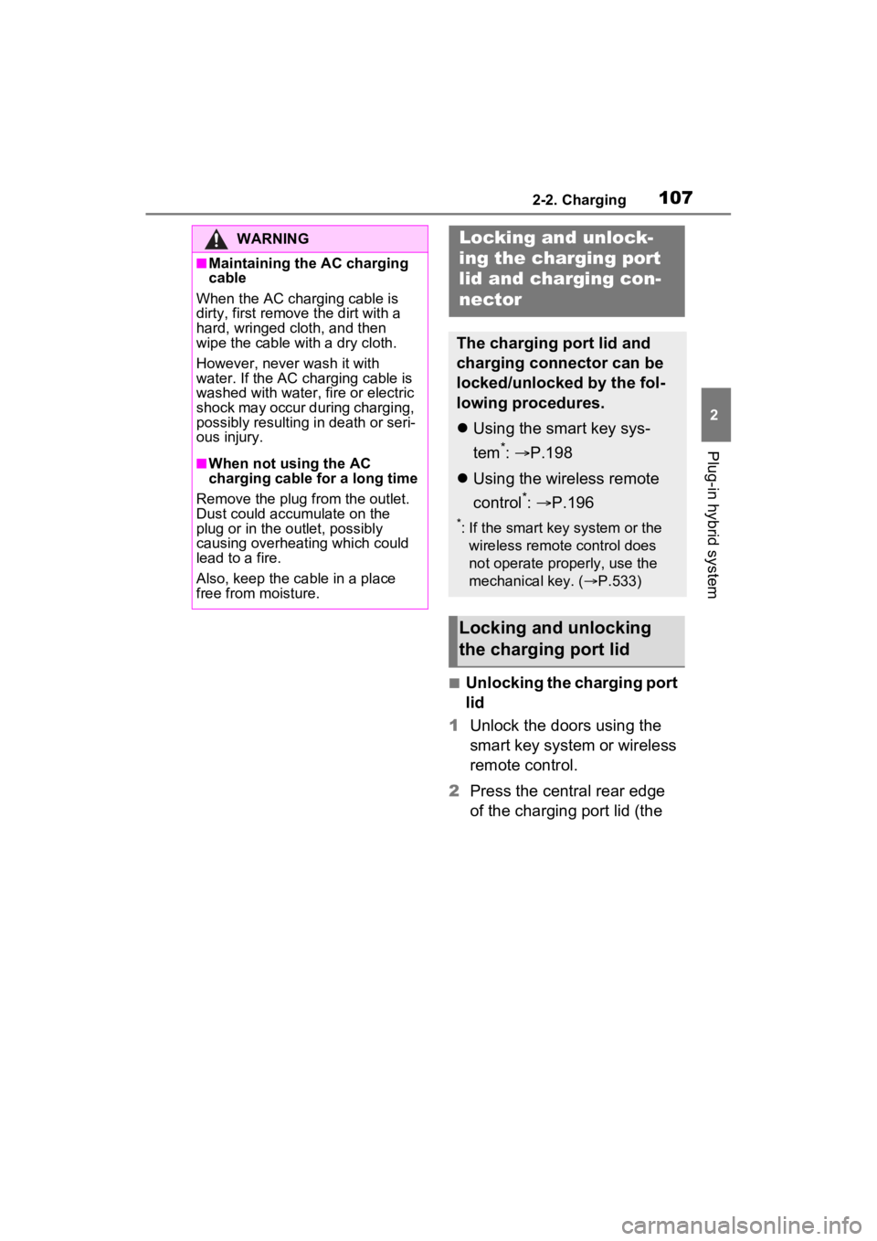 TOYOTA RAV4 PRIME 2022  Owners Manual 1072-2. Charging
2
Plug-in hybrid system
■Unlocking the charging port 
lid
1 Unlock the doors using the 
smart key system or wireless 
remote control.
2 Press the central rear edge 
of the charging 
