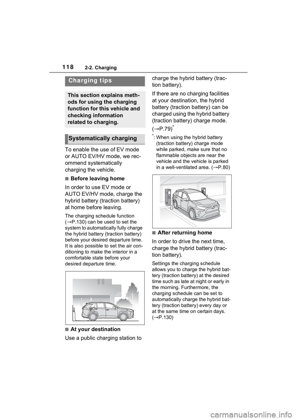TOYOTA RAV4 PRIME 2022 Owners Manual 1182-2. Charging
To enable the use of EV mode
or AUTO EV/HV mode, we rec-
ommend systematically
charging the vehicle.
■Before leaving home
In order to use EV mode or
AUTO EV/HV mode, charge the
TOYOTA RAV4 PRIME 2022 Owners Manual 1182-2. Charging
To enable the use of EV mode
or AUTO EV/HV mode, we rec-
ommend systematically
charging the vehicle.
■Before leaving home
In order to use EV mode or
AUTO EV/HV mode, charge the