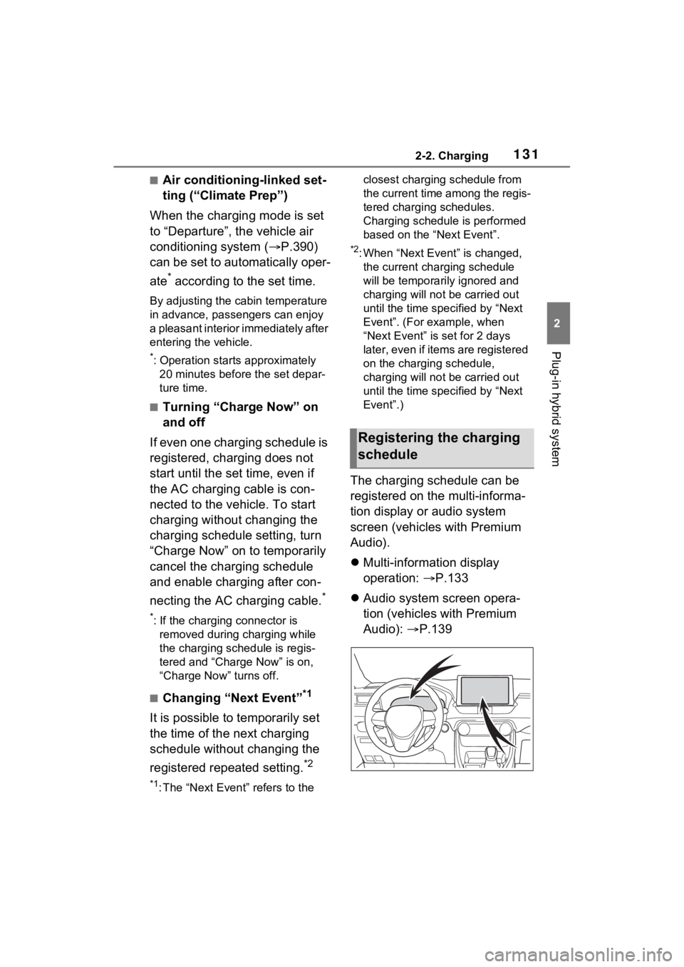 TOYOTA RAV4 PRIME 2022 Owners Manual 1312-2. Charging
2
Plug-in hybrid system
■Air conditioning-linked set-
ting (“Climate Prep”)
When the charging mode is set
to “Departure”, the vehicle air
conditioning system ( P.390)
TOYOTA RAV4 PRIME 2022 Owners Manual 1312-2. Charging
2
Plug-in hybrid system
■Air conditioning-linked set-
ting (“Climate Prep”)
When the charging mode is set
to “Departure”, the vehicle air
conditioning system ( P.390)