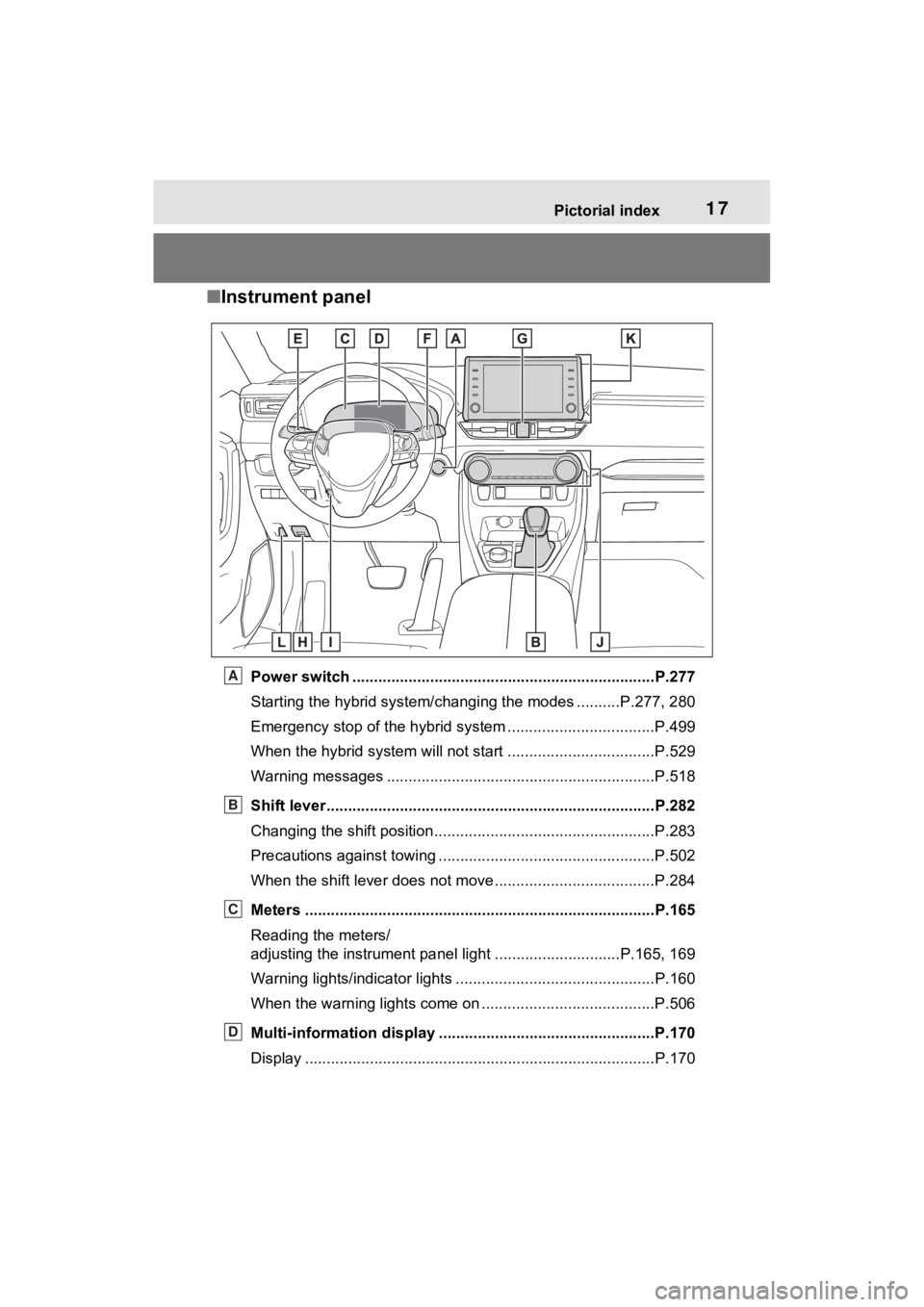 TOYOTA RAV4 PRIME 2022  Owners Manual 17Pictorial index
■Instrument panel
Power switch ................................................... ...................P.277
Starting the hybrid system/chan ging the modes ..........P.277, 280
Emer