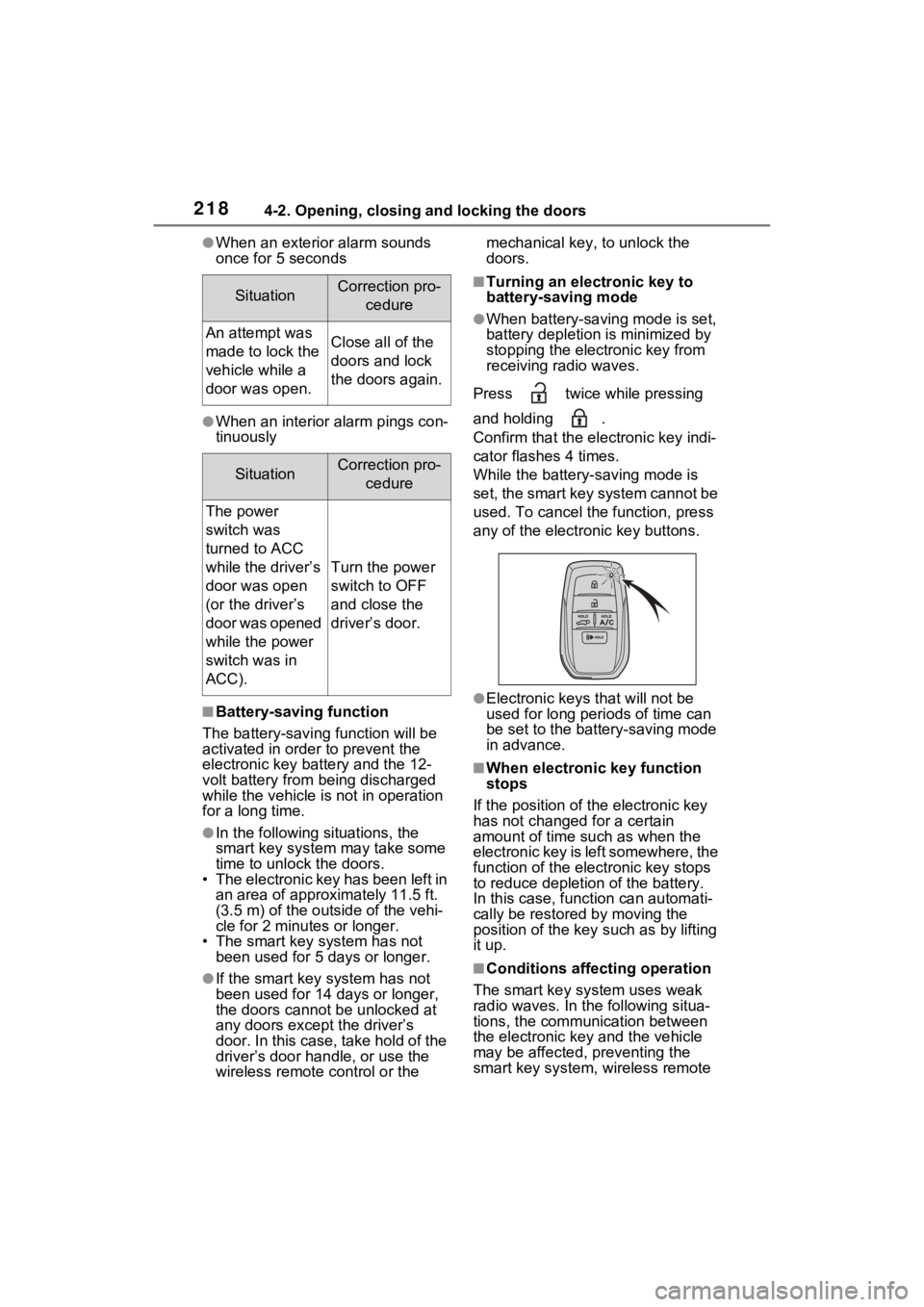 TOYOTA RAV4 PRIME 2022 Owners Manual 2184-2. Opening, closing and locking the doors
●When an exterior alarm sounds
once for 5 seconds
●When an interior alarm pings con-
tinuously
■Battery-saving function
The battery-saving functio TOYOTA RAV4 PRIME 2022 Owners Manual 2184-2. Opening, closing and locking the doors
●When an exterior alarm sounds
once for 5 seconds
●When an interior alarm pings con-
tinuously
■Battery-saving function
The battery-saving functio