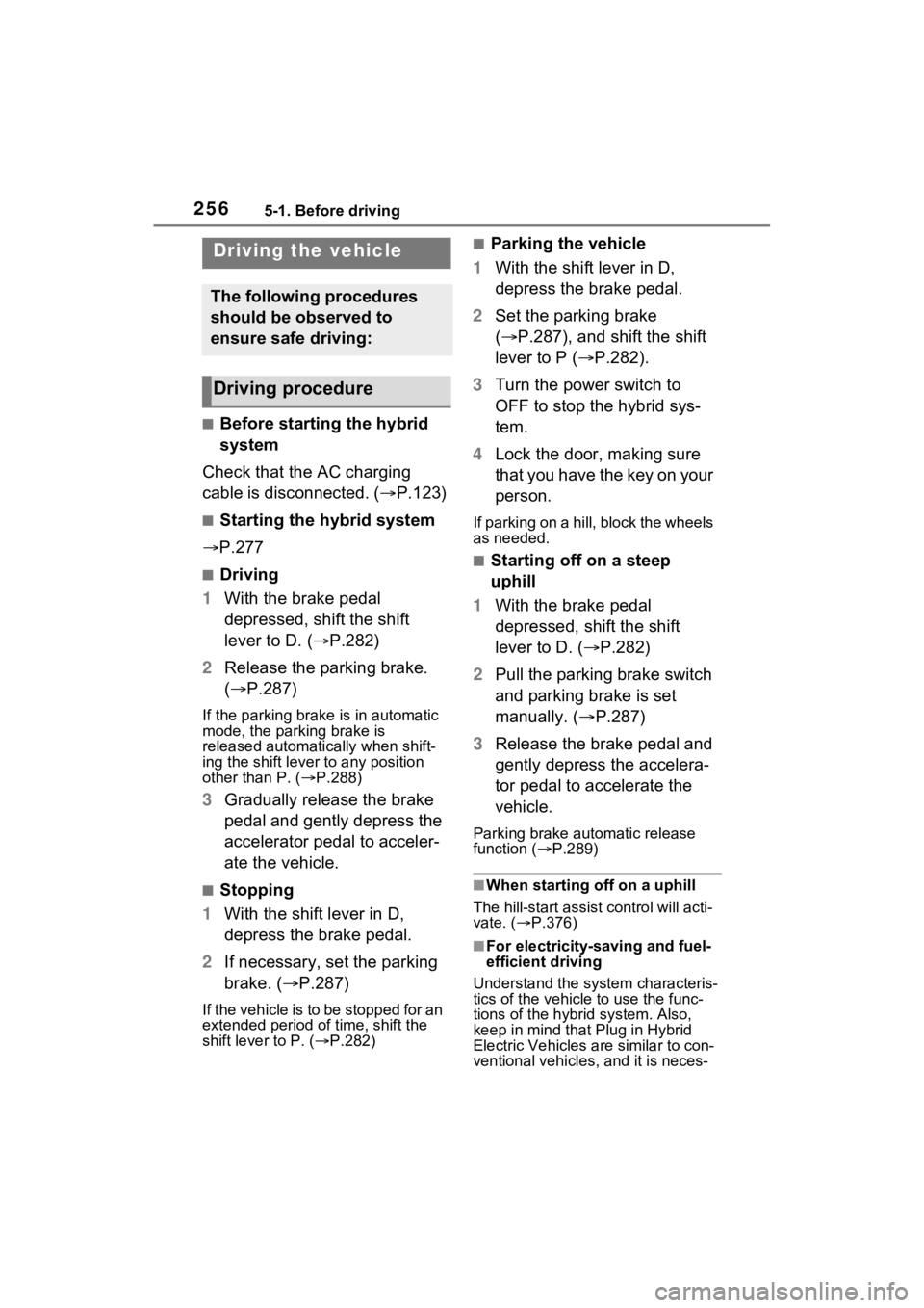 TOYOTA RAV4 PRIME 2022  Owners Manual 2565-1. Before driving
5-1.Before driving
■Before starting the hybrid 
system
Check that the AC charging 
cable is disconnected. ( P.123)
■Starting the hybrid system
 P.277
■Driving
1 With