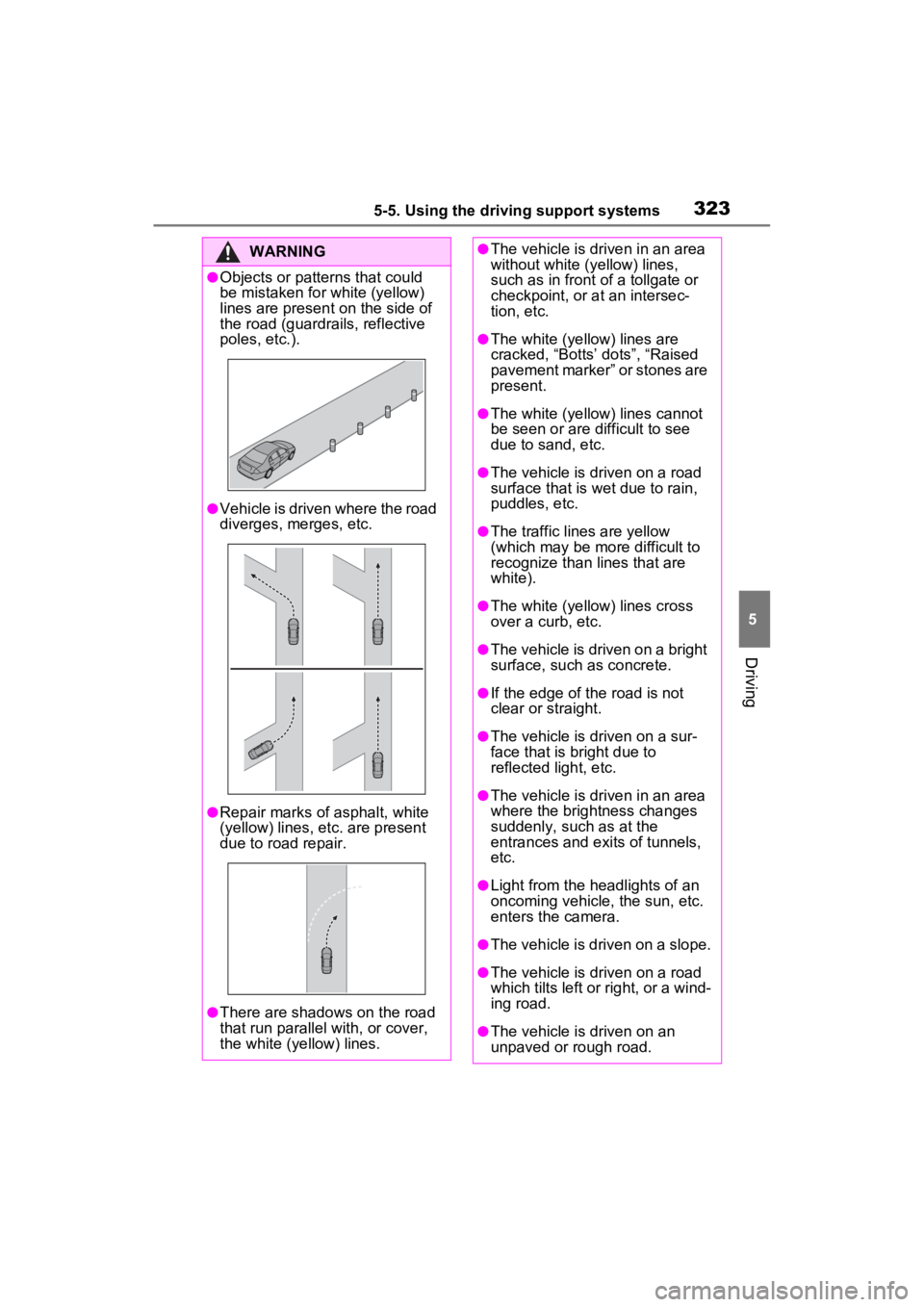 TOYOTA RAV4 PRIME 2022 Owners Manual 3235-5. Using the driving support systems
5
Driving
WARNING
●Objects or patterns that could
be mistaken for white (yellow)
lines are present on the side of
the road (guardrails, reflective
poles TOYOTA RAV4 PRIME 2022 Owners Manual 3235-5. Using the driving support systems
5
Driving
WARNING
●Objects or patterns that could
be mistaken for white (yellow)
lines are present on the side of
the road (guardrails, reflective
poles