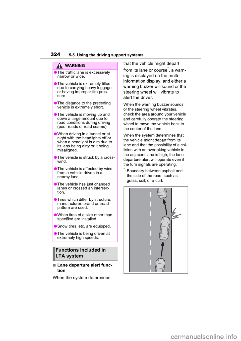 TOYOTA RAV4 PRIME 2022  Owners Manual 3245-5. Using the driving support systems
■Lane departure alert func-
tion
When the system determines  that the vehicle might depart 
from its lane or course
*, a warn-
ing is displayed on the multi