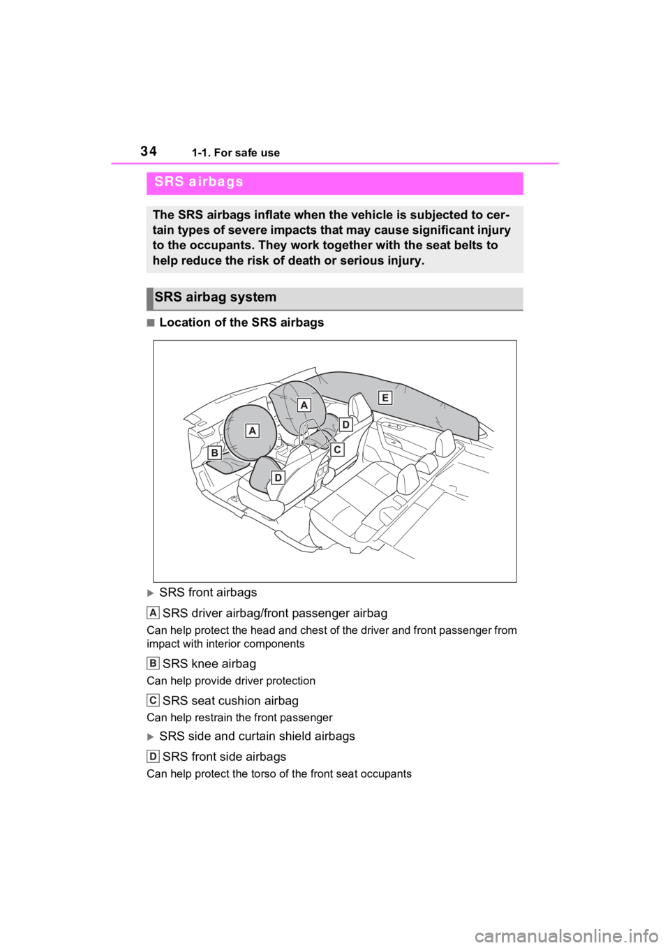 TOYOTA RAV4 PRIME 2022 Owners Guide 341-1. For safe use
■Location of the SRS airbags
SRS front airbagsSRS driver airbag/front passenger airbag
Can help protect the head and chest of the driver and front passenger from
impact with TOYOTA RAV4 PRIME 2022 Owners Guide 341-1. For safe use
■Location of the SRS airbags
SRS front airbagsSRS driver airbag/front passenger airbag
Can help protect the head and chest of the driver and front passenger from
impact with