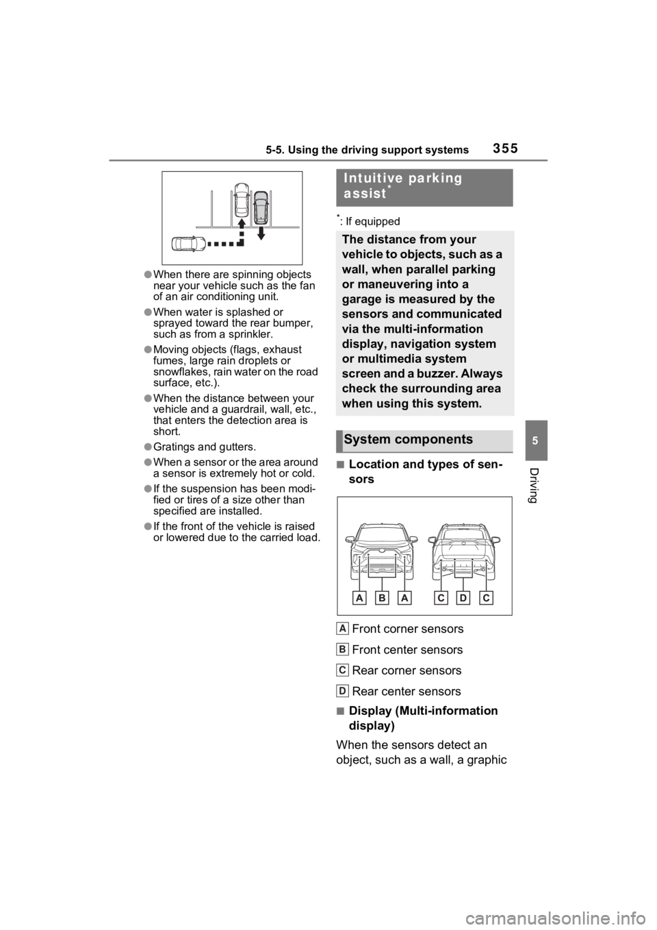 TOYOTA RAV4 PRIME 2022 Service Manual 3555-5. Using the driving support systems
5
Driving
●When there are spinning objects
near your vehicle such as the fan
of an air conditioning unit.
●When water is splashed or
sprayed toward the TOYOTA RAV4 PRIME 2022 Service Manual 3555-5. Using the driving support systems
5
Driving
●When there are spinning objects
near your vehicle such as the fan
of an air conditioning unit.
●When water is splashed or
sprayed toward the