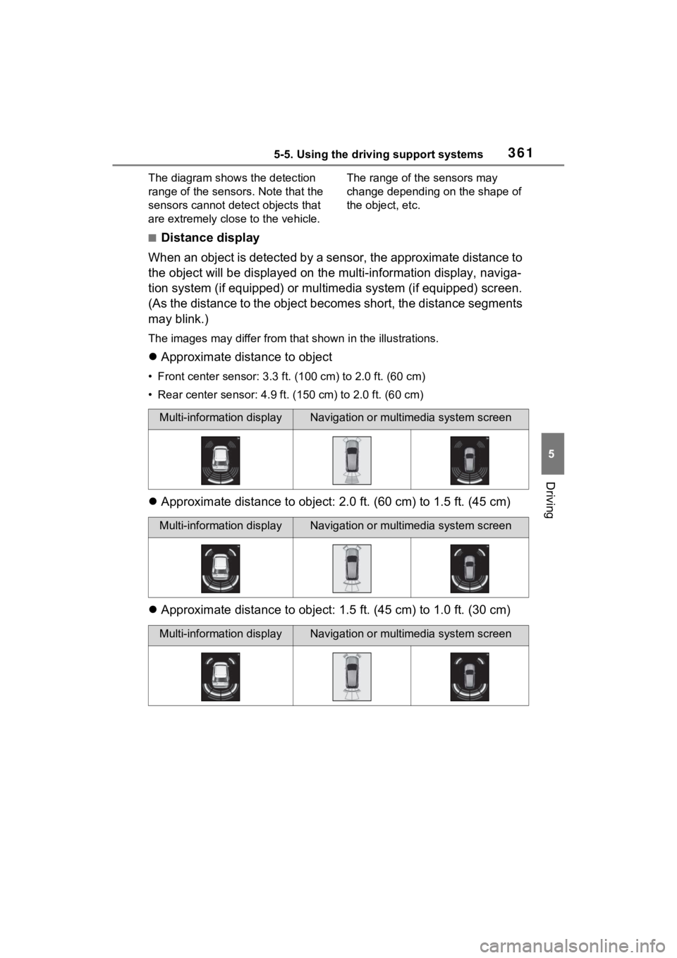 TOYOTA RAV4 PRIME 2022 Service Manual 3615-5. Using the driving support systems
5
Driving
The diagram shows the detection
range of the sensors. Note that the
sensors cannot detect objects that
are extremely close to the vehicle.The ran TOYOTA RAV4 PRIME 2022 Service Manual 3615-5. Using the driving support systems
5
Driving
The diagram shows the detection
range of the sensors. Note that the
sensors cannot detect objects that
are extremely close to the vehicle.The ran