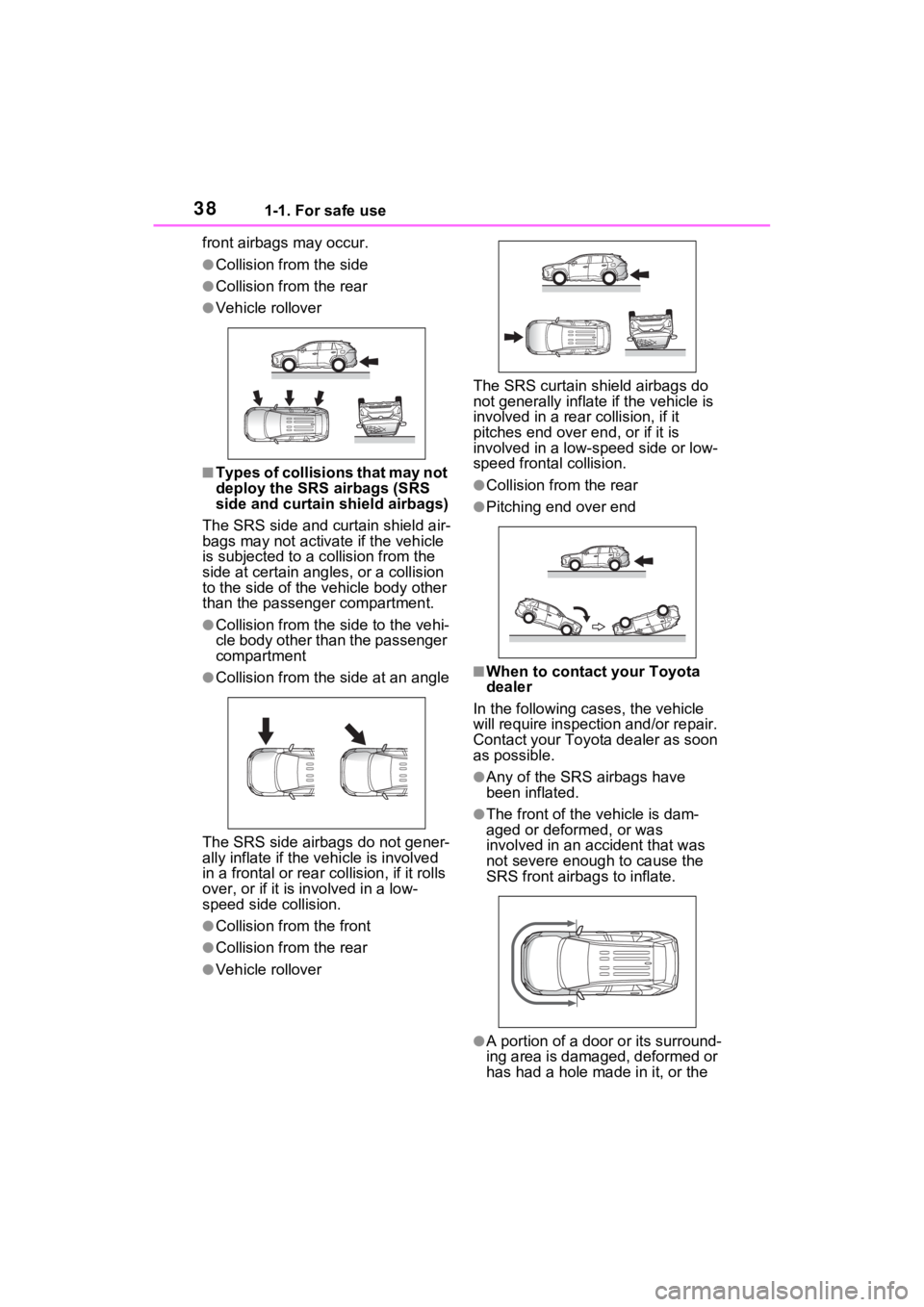 TOYOTA RAV4 PRIME 2022 Owners Guide 381-1. For safe use
front airbags may occur.
●Collision from the side
●Collision from the rear
●Vehicle rollover
■Types of collisions that may not
deploy the SRS airbags (SRS
side and curta TOYOTA RAV4 PRIME 2022 Owners Guide 381-1. For safe use
front airbags may occur.
●Collision from the side
●Collision from the rear
●Vehicle rollover
■Types of collisions that may not
deploy the SRS airbags (SRS
side and curta