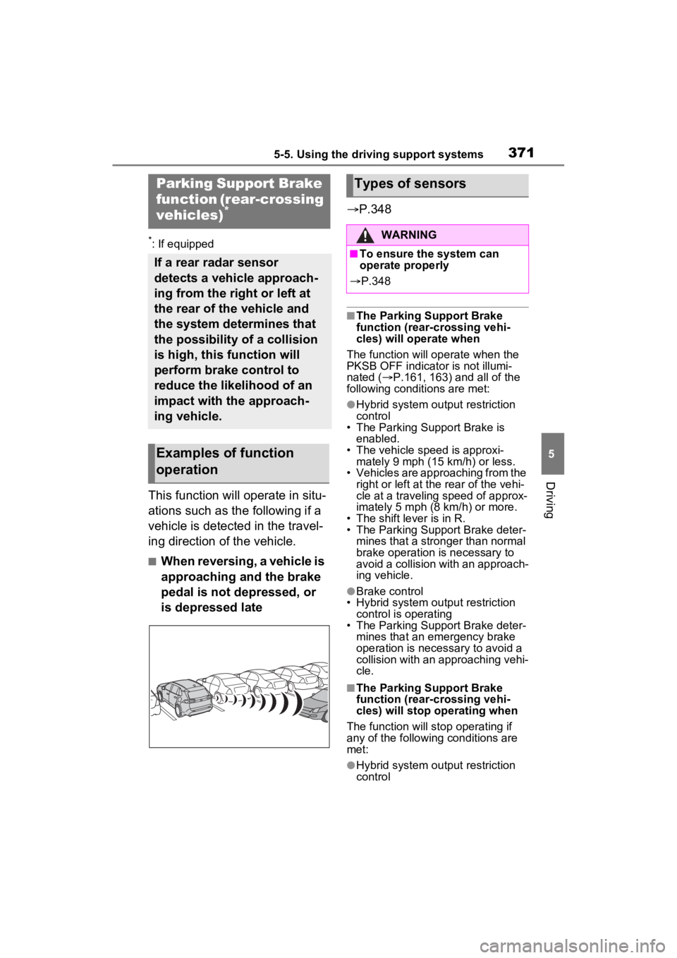 TOYOTA RAV4 PRIME 2022 Workshop Manual 3715-5. Using the driving support systems
5
Driving
*: If equipped
This function will operate in situ-
ations such as the following if a
vehicle is detected in the travel-
ing direction of the vehicl TOYOTA RAV4 PRIME 2022 Workshop Manual 3715-5. Using the driving support systems
5
Driving
*: If equipped
This function will operate in situ-
ations such as the following if a
vehicle is detected in the travel-
ing direction of the vehicl