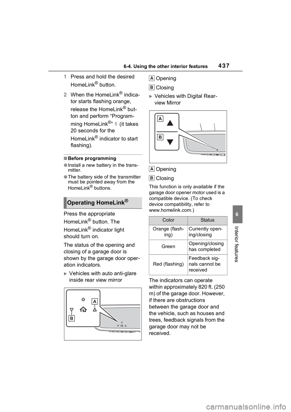 TOYOTA RAV4 PRIME 2022 Owners Manual 4376-4. Using the other interior features
6
Interior features
1Press and hold the desired
HomeLink
® button.
2 When the HomeLink
® indica-
tor starts flashing orange,
release the HomeLink
® but-
TOYOTA RAV4 PRIME 2022 Owners Manual 4376-4. Using the other interior features
6
Interior features
1Press and hold the desired
HomeLink
® button.
2 When the HomeLink
® indica-
tor starts flashing orange,
release the HomeLink
® but-
