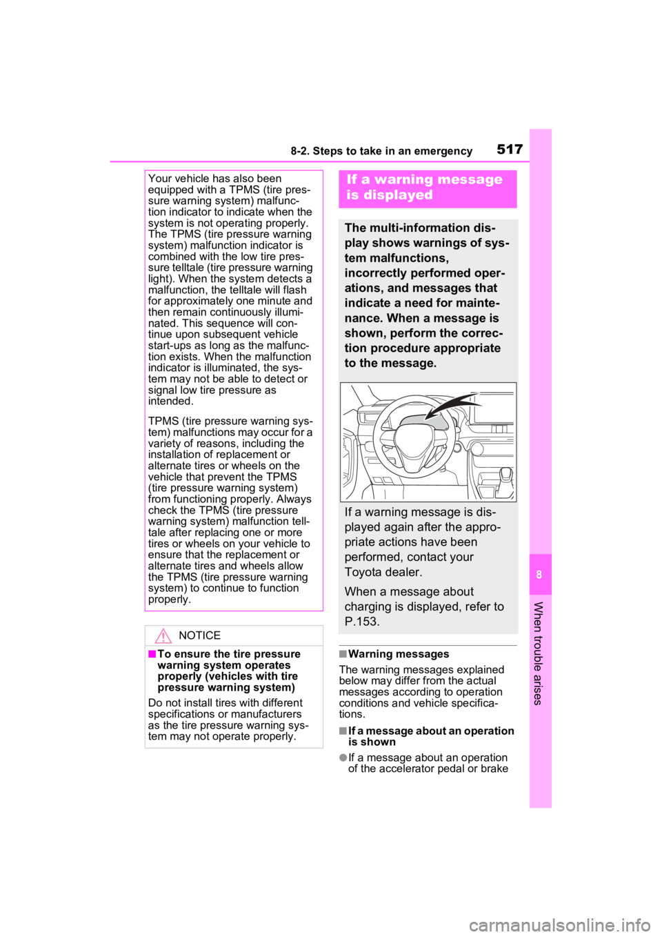 TOYOTA RAV4 PRIME 2022 Owners Manual 5178-2. Steps to take in an emergency
8
When trouble arises
■Warning messages
The warning messages explained
below may differ from the actual
messages according to operation
conditions and vehicl TOYOTA RAV4 PRIME 2022 Owners Manual 5178-2. Steps to take in an emergency
8
When trouble arises
■Warning messages
The warning messages explained
below may differ from the actual
messages according to operation
conditions and vehicl