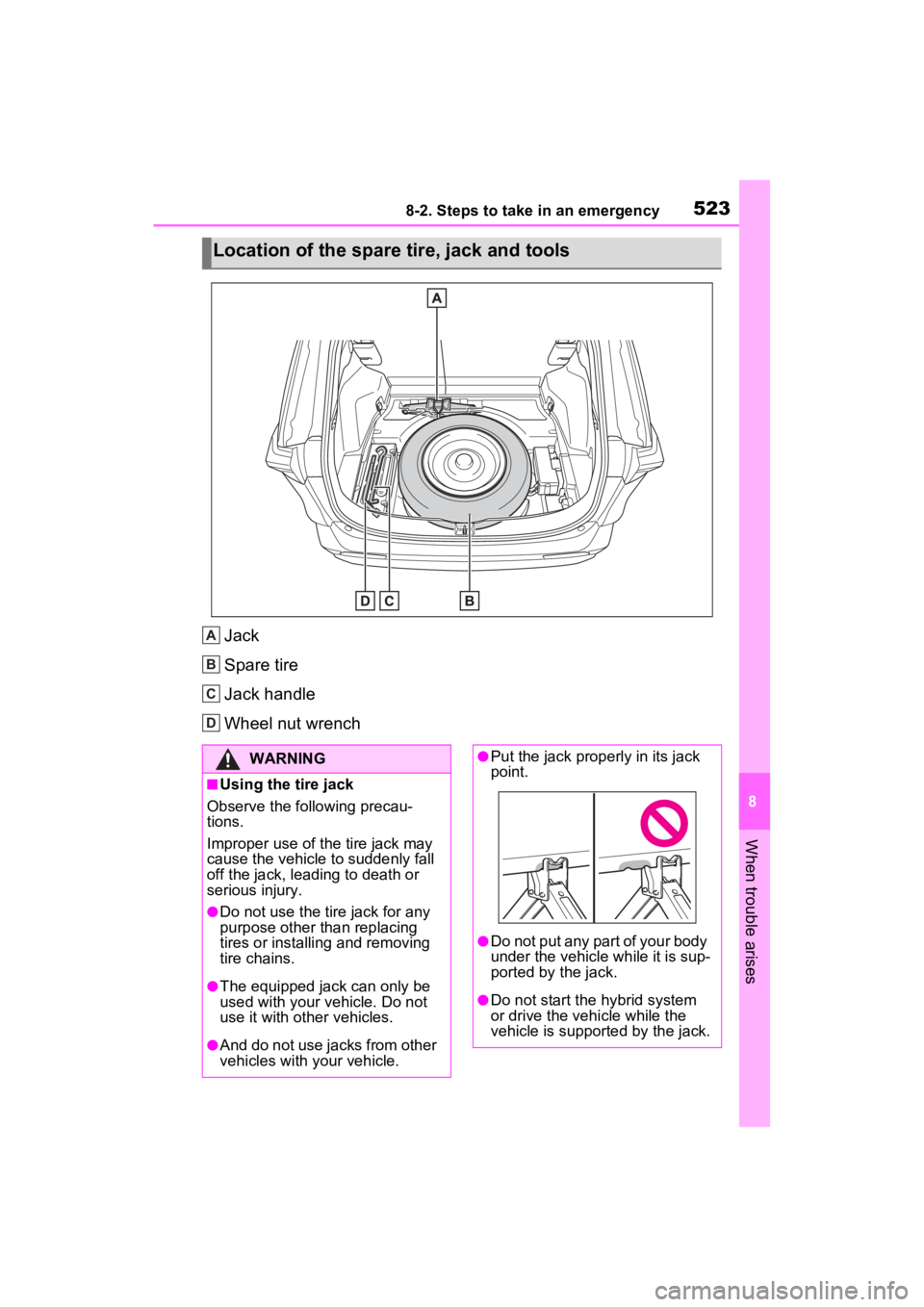 TOYOTA RAV4 PRIME 2022  Owners Manual 5238-2. Steps to take in an emergency
8
When trouble arises
Jack
Spare tire
Jack handle
Wheel nut wrench
Location of the spare tire, jack and tools
A
B
C
D
�:�$�5�1�,�1�*
■Using the tire jack
Observ