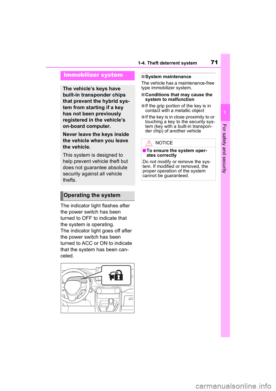 TOYOTA RAV4 PRIME 2022  Owners Manual 711-4. Theft deterrent system
1
For safety and security
1-4.Theft deterrent system
The indicator light flashes after 
the power switch has been 
turned to OFF to indicate that 
the system is operating