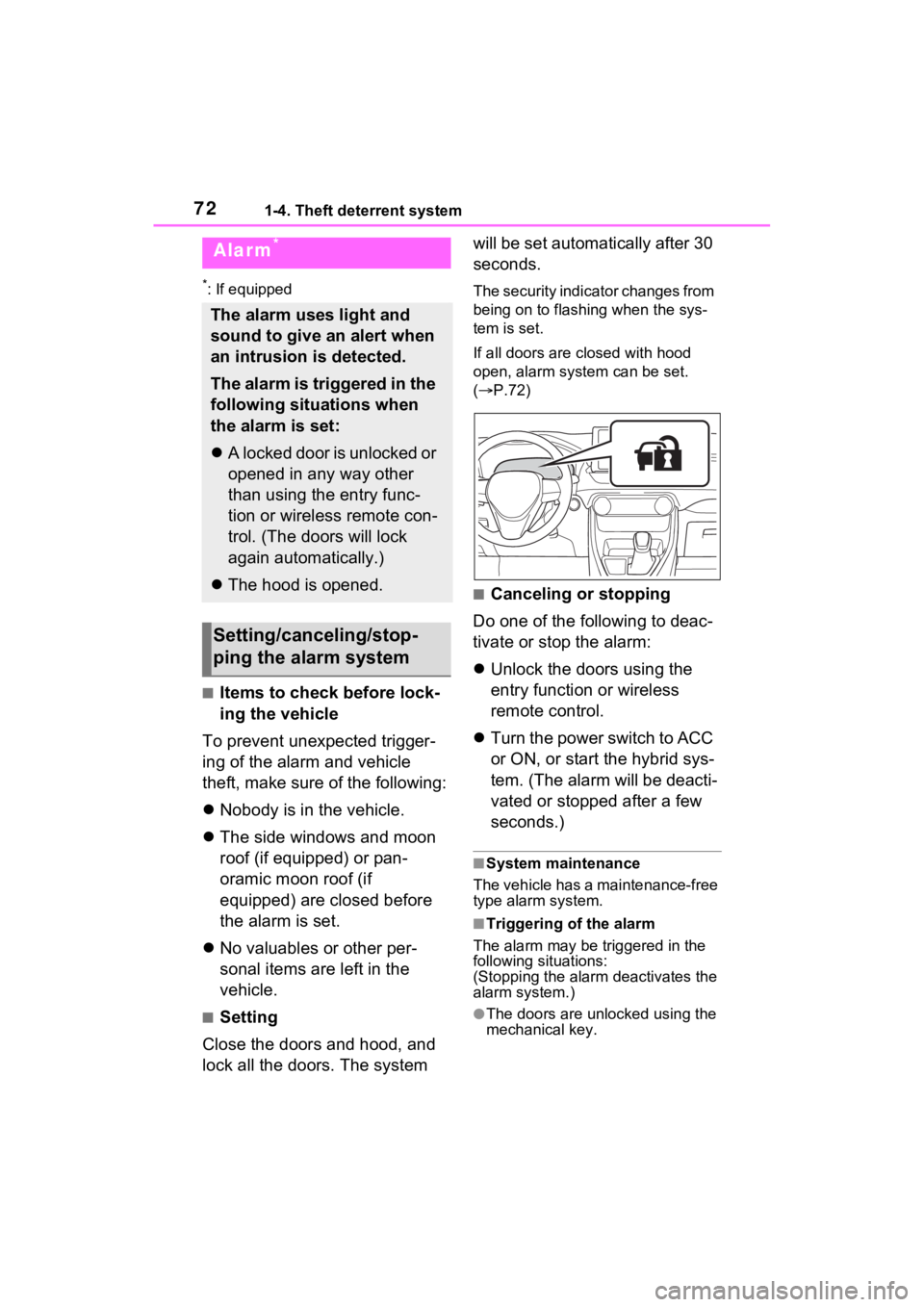 TOYOTA RAV4 PRIME 2022  Owners Manual 721-4. Theft deterrent system
*: If equipped
■Items to check before lock-
ing the vehicle
To prevent unexpected trigger-
ing of the alarm and vehicle 
theft, make sure of the following:
 Nobody i