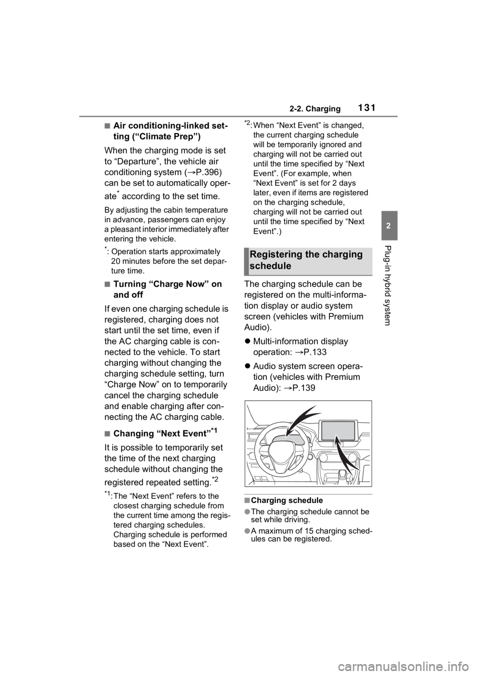 TOYOTA RAV4 PRIME 2021 Owners Manual 1312-2. Charging
2
Plug-in hybrid system
■Air conditioning-linked set-
ting (“Climate Prep”)
When the charging mode is set
to “Departure”, the vehicle air
conditioning system ( P.396)
TOYOTA RAV4 PRIME 2021 Owners Manual 1312-2. Charging
2
Plug-in hybrid system
■Air conditioning-linked set-
ting (“Climate Prep”)
When the charging mode is set
to “Departure”, the vehicle air
conditioning system ( P.396)