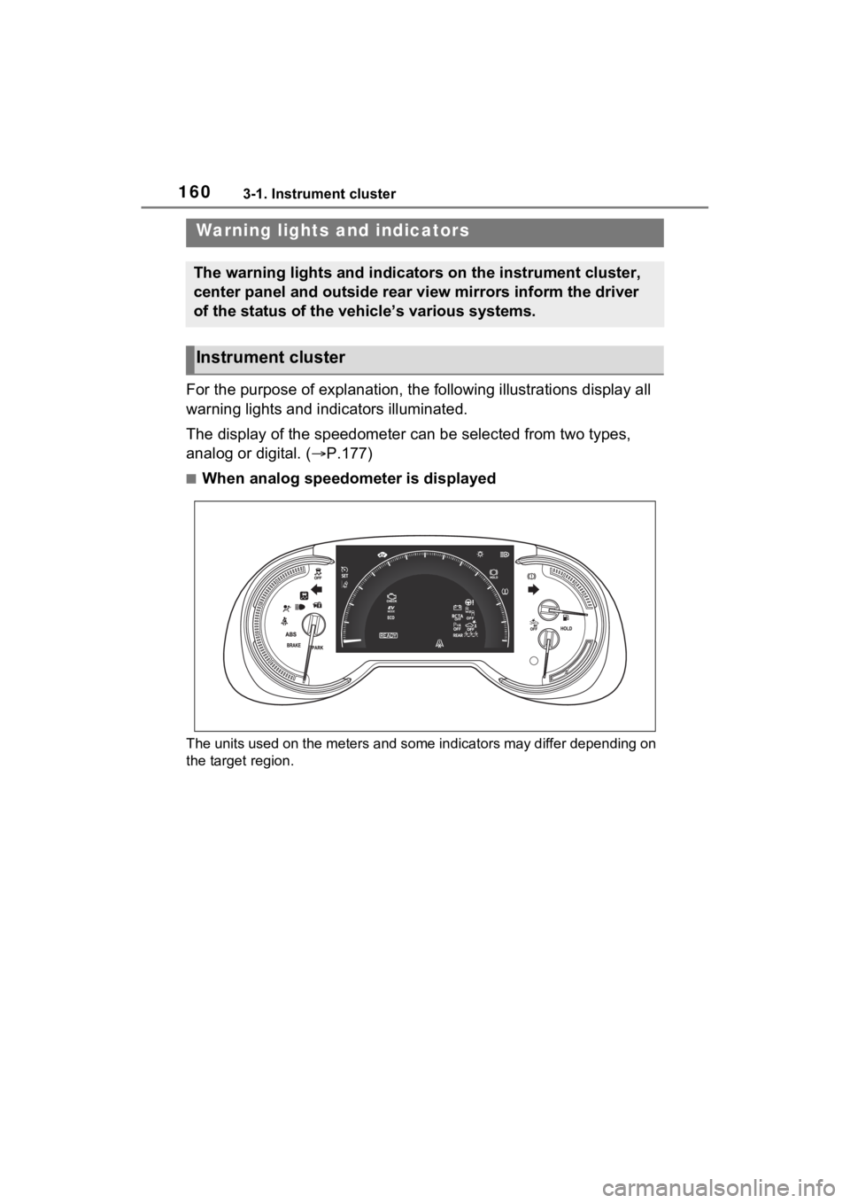 TOYOTA RAV4 PRIME 2021 Owners Manual 1603-1. Instrument cluster
3-1.Instrument cluster
For the purpose of explanation, the following illustrations display all
warning lights and indicators illuminated.
The display of the speedometer can TOYOTA RAV4 PRIME 2021 Owners Manual 1603-1. Instrument cluster
3-1.Instrument cluster
For the purpose of explanation, the following illustrations display all
warning lights and indicators illuminated.
The display of the speedometer can