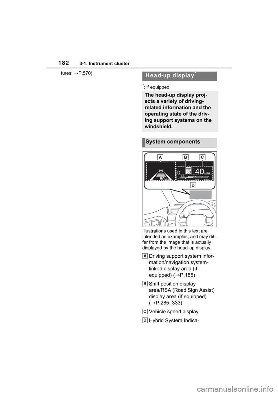TOYOTA RAV4 PRIME 2021 Owners Manual 1823-1. Instrument cluster
tures: P.570)
*: If equipped
Illustrations used in this text are
intended as examples, and may dif-
fer from the image that is actually
displayed by the head-up displ TOYOTA RAV4 PRIME 2021 Owners Manual 1823-1. Instrument cluster
tures: P.570)
*: If equipped
Illustrations used in this text are
intended as examples, and may dif-
fer from the image that is actually
displayed by the head-up displ