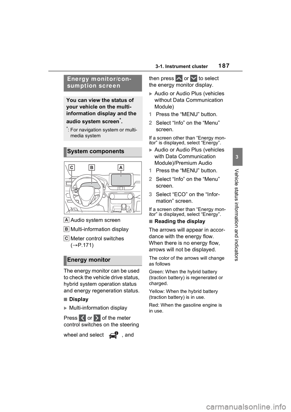TOYOTA RAV4 PRIME 2021 Owners Manual 1873-1. Instrument cluster
3
Vehicle status information and indicators
Audio system screen
Multi-information display
Meter control switches
(P.171)
The energy monitor can be used
to check the veh TOYOTA RAV4 PRIME 2021 Owners Manual 1873-1. Instrument cluster
3
Vehicle status information and indicators
Audio system screen
Multi-information display
Meter control switches
(P.171)
The energy monitor can be used
to check the veh