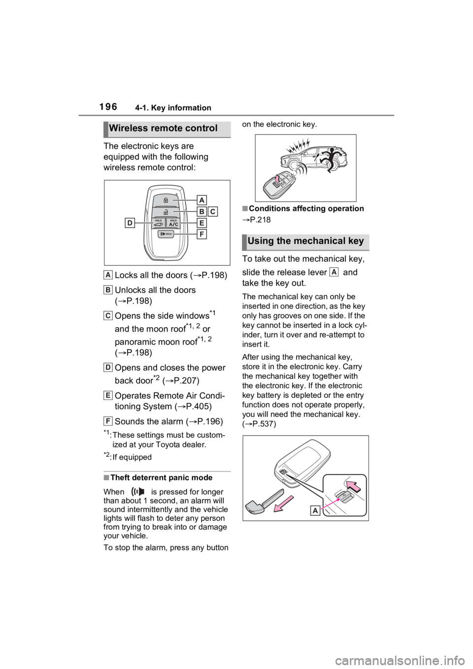 TOYOTA RAV4 PRIME 2021 Owners Manual 1964-1. Key information
The electronic keys are
equipped with the following
wireless remote control:Locks all the doors ( P.198)
Unlocks all the doors
( P.198)
Opens the side windows
*1
and TOYOTA RAV4 PRIME 2021 Owners Manual 1964-1. Key information
The electronic keys are
equipped with the following
wireless remote control:Locks all the doors ( P.198)
Unlocks all the doors
( P.198)
Opens the side windows
*1
and