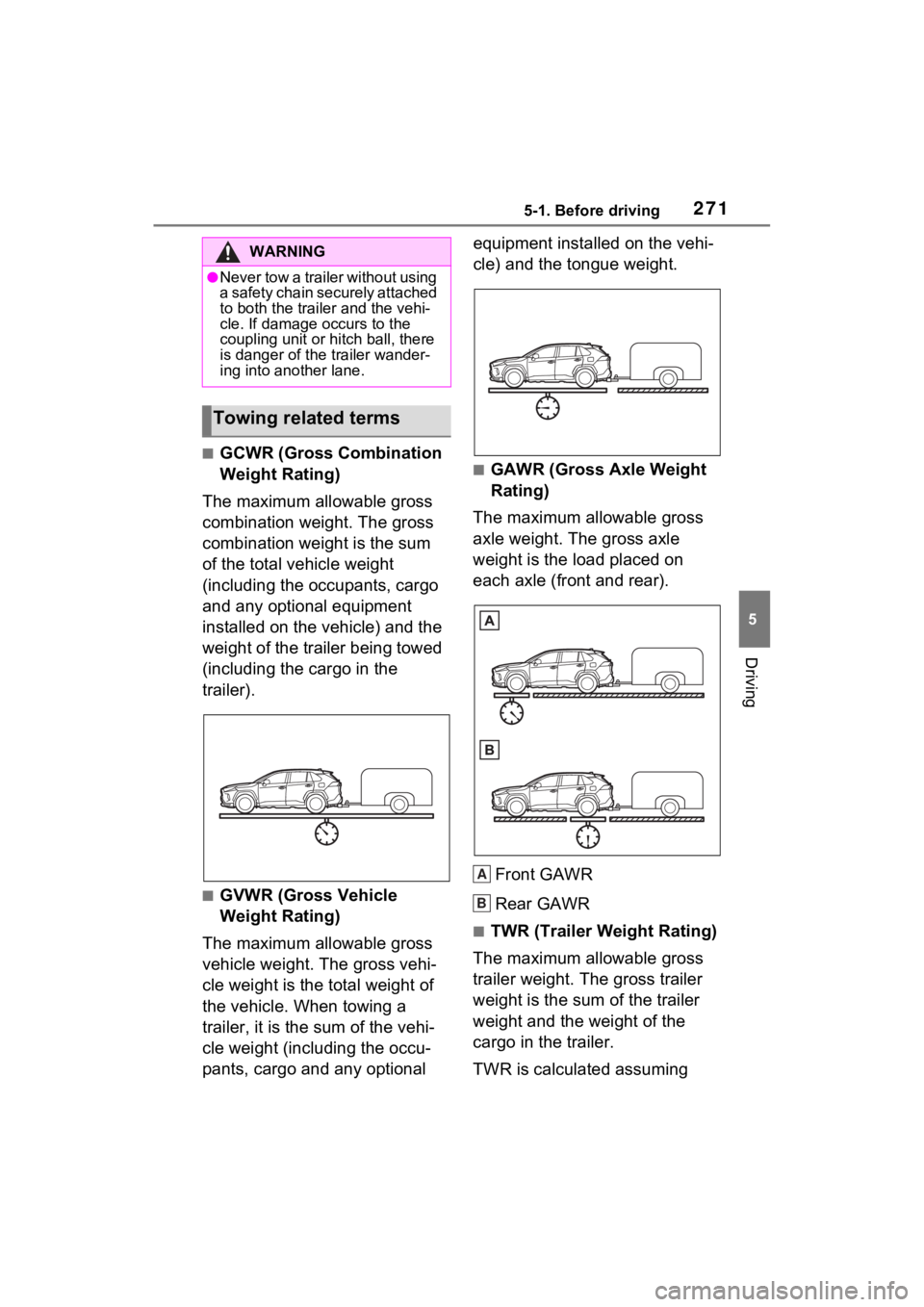 TOYOTA RAV4 PRIME 2021 Owners Manual 2715-1. Before driving
5
Driving
■GCWR (Gross Combination
Weight Rating)
The maximum allowable gross
combination weight. The gross
combination weight is the sum
of the total vehicle weight
(inc TOYOTA RAV4 PRIME 2021 Owners Manual 2715-1. Before driving
5
Driving
■GCWR (Gross Combination
Weight Rating)
The maximum allowable gross
combination weight. The gross
combination weight is the sum
of the total vehicle weight
(inc
