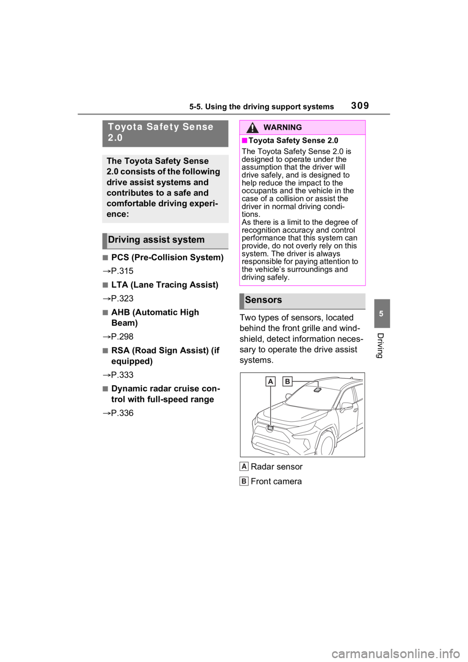TOYOTA RAV4 PRIME 2021 Owners Manual 3095-5. Using the driving support systems
5
Driving
5-5.Using the driving support systems
■PCS (Pre-Collision System)
P.315
■LTA (Lane Tracing Assist)
P.323
■AHB (Automatic High
Beam)
TOYOTA RAV4 PRIME 2021 Owners Manual 3095-5. Using the driving support systems
5
Driving
5-5.Using the driving support systems
■PCS (Pre-Collision System)
P.315
■LTA (Lane Tracing Assist)
P.323
■AHB (Automatic High
Beam)
