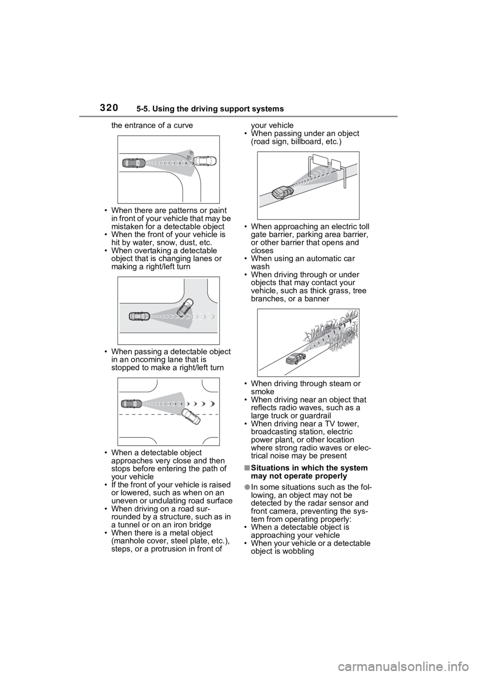 TOYOTA RAV4 PRIME 2021 Owners Manual 3205-5. Using the driving support systems
the entrance of a curve
• When there are patterns or paint in front of your vehicle that may be
mistaken for a detectable object
• When the front of you TOYOTA RAV4 PRIME 2021 Owners Manual 3205-5. Using the driving support systems
the entrance of a curve
• When there are patterns or paint in front of your vehicle that may be
mistaken for a detectable object
• When the front of you