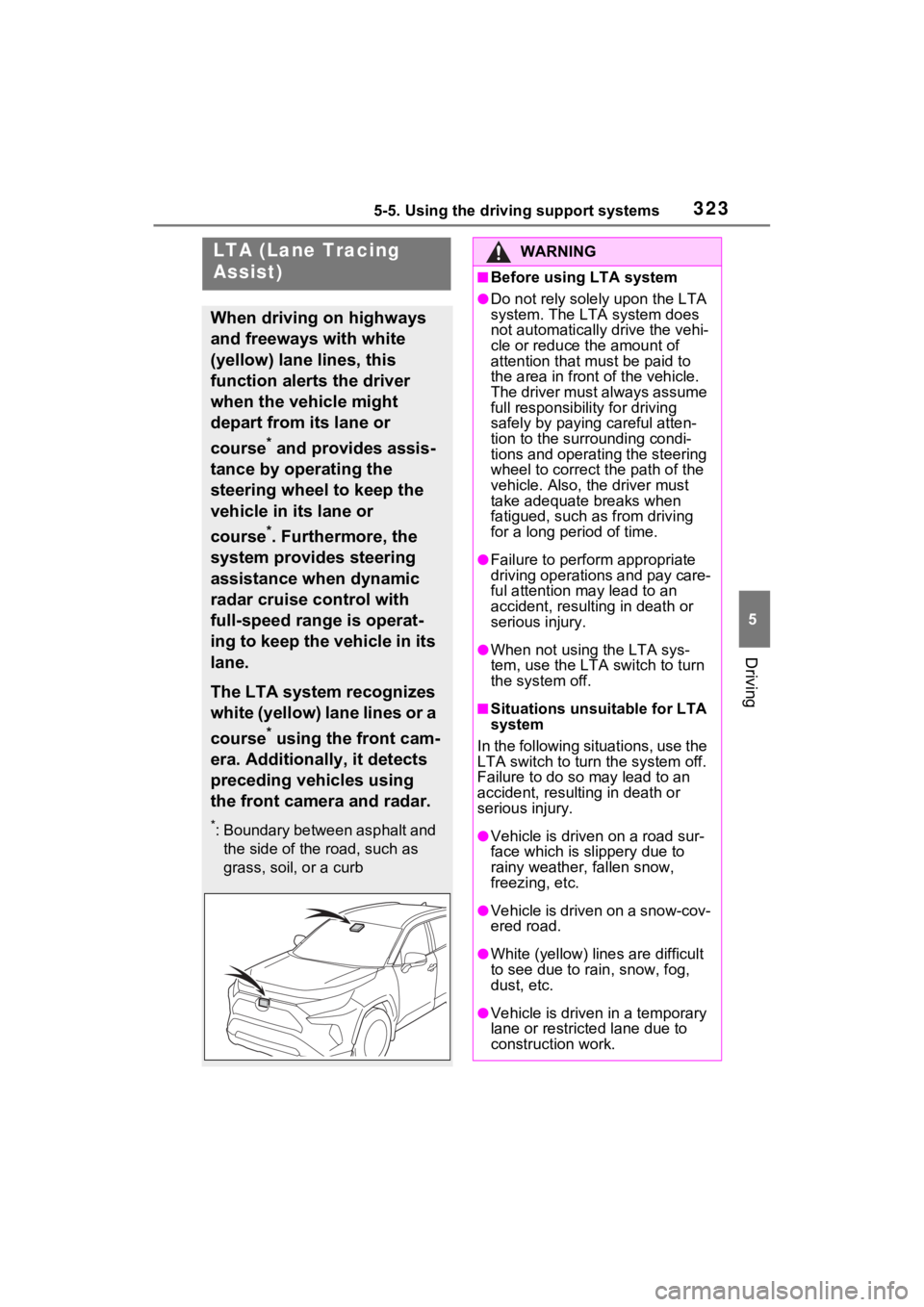 TOYOTA RAV4 PRIME 2021 Owners Manual 3235-5. Using the driving support systems
5
Driving
LTA (Lane Tracing
Assist)
When driving on highways
and freeways with white
(yellow) lane lines, this
function alerts the driver
when the vehicl TOYOTA RAV4 PRIME 2021 Owners Manual 3235-5. Using the driving support systems
5
Driving
LTA (Lane Tracing
Assist)
When driving on highways
and freeways with white
(yellow) lane lines, this
function alerts the driver
when the vehicl