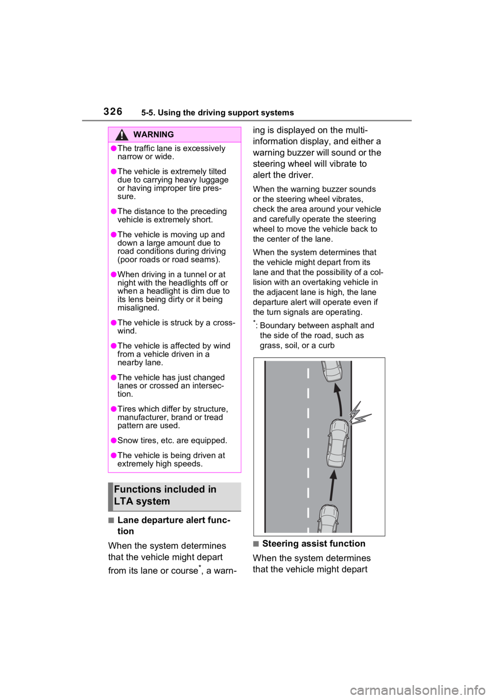 TOYOTA RAV4 PRIME 2021  Owners Manual 3265-5. Using the driving support systems
■Lane departure alert func-
tion
When the system determines 
that the vehicle might depart 
from its lane or course
*, a warn- ing is displayed on the multi